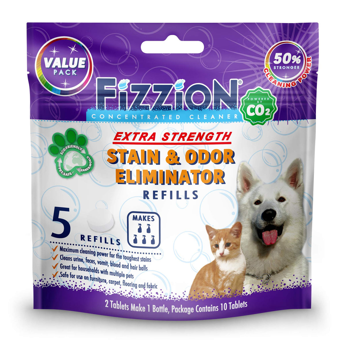 Fizzion emballage avant montrant 10 pastilles et indication 5 recharges, praticité