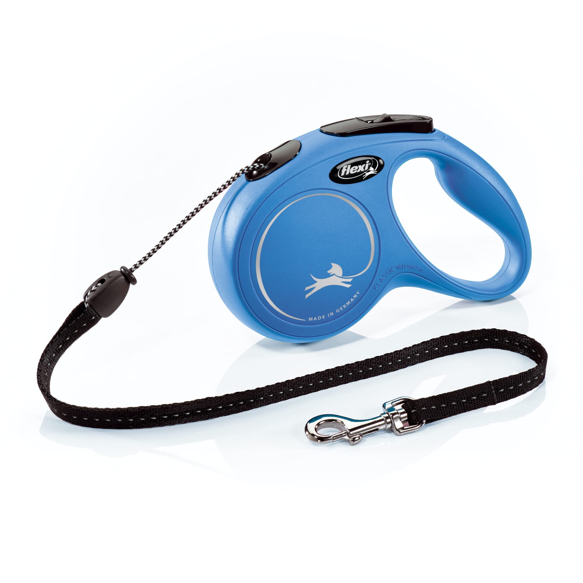 FLEXI laisse face avant bleue montrant boîtier solide et ergonomie pour confort