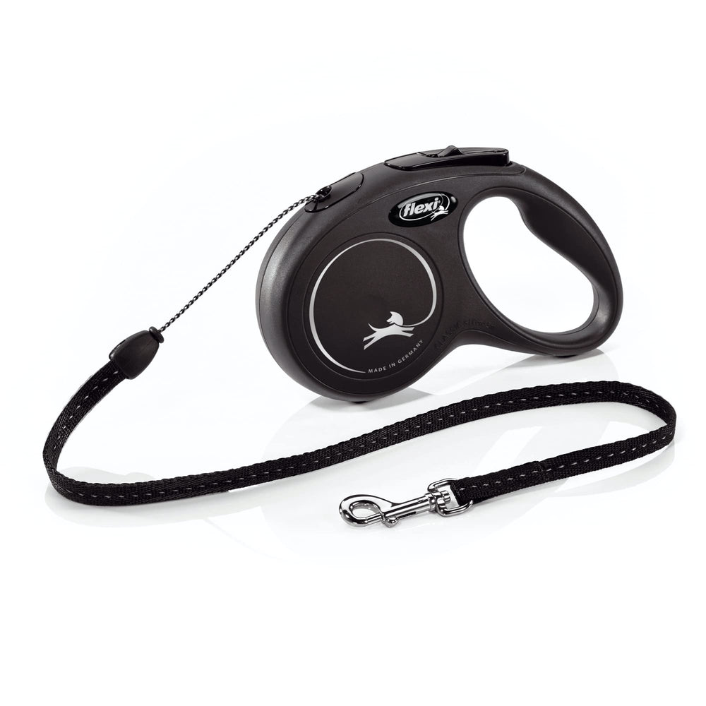 FLEXI laisse Classic Cord vue de face montrant boîtier robuste et finition noire, sécurité accrue