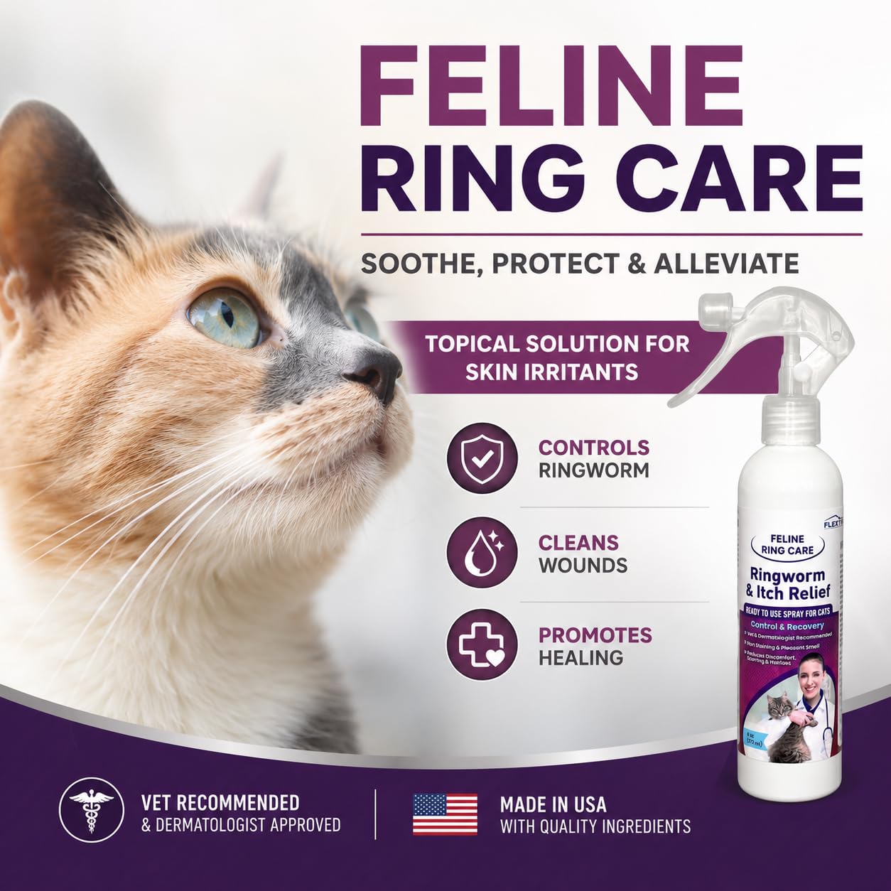 FlexTran Feline Ring Care flacon montrant volume pratique 8 oz et maniabilité