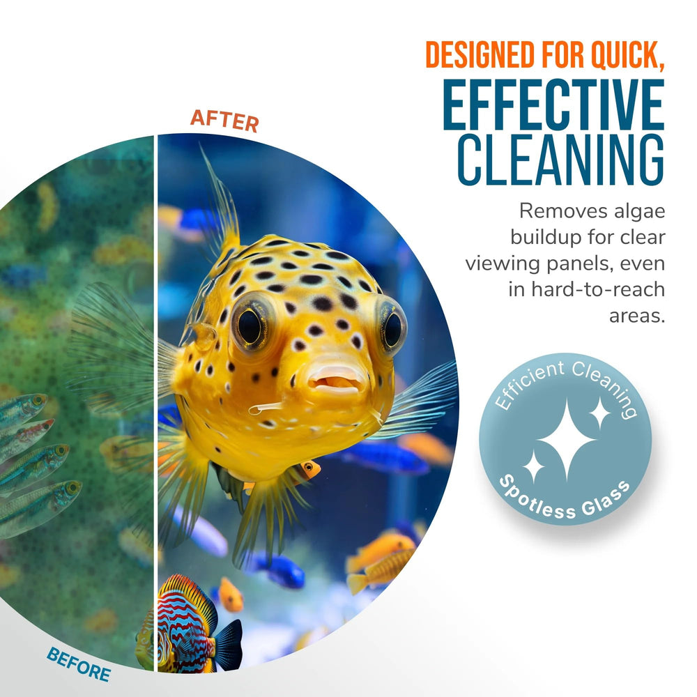 FL!PPER outil en action sur la vitre d'aquarium, nettoyage précis sans mains mouillées