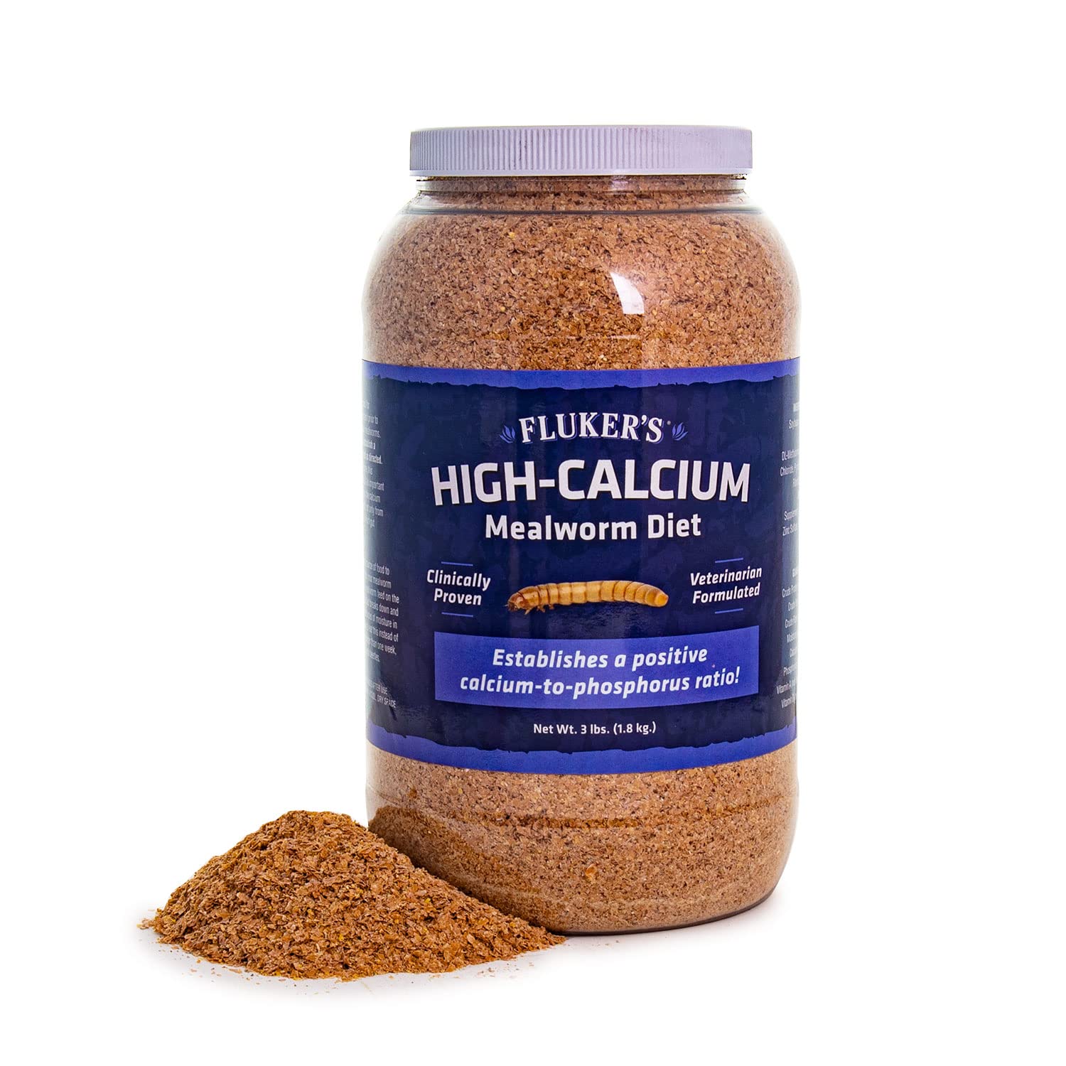 Fluker's emballage avant montrant format 3 lb et bénéfice enrichissement calcium