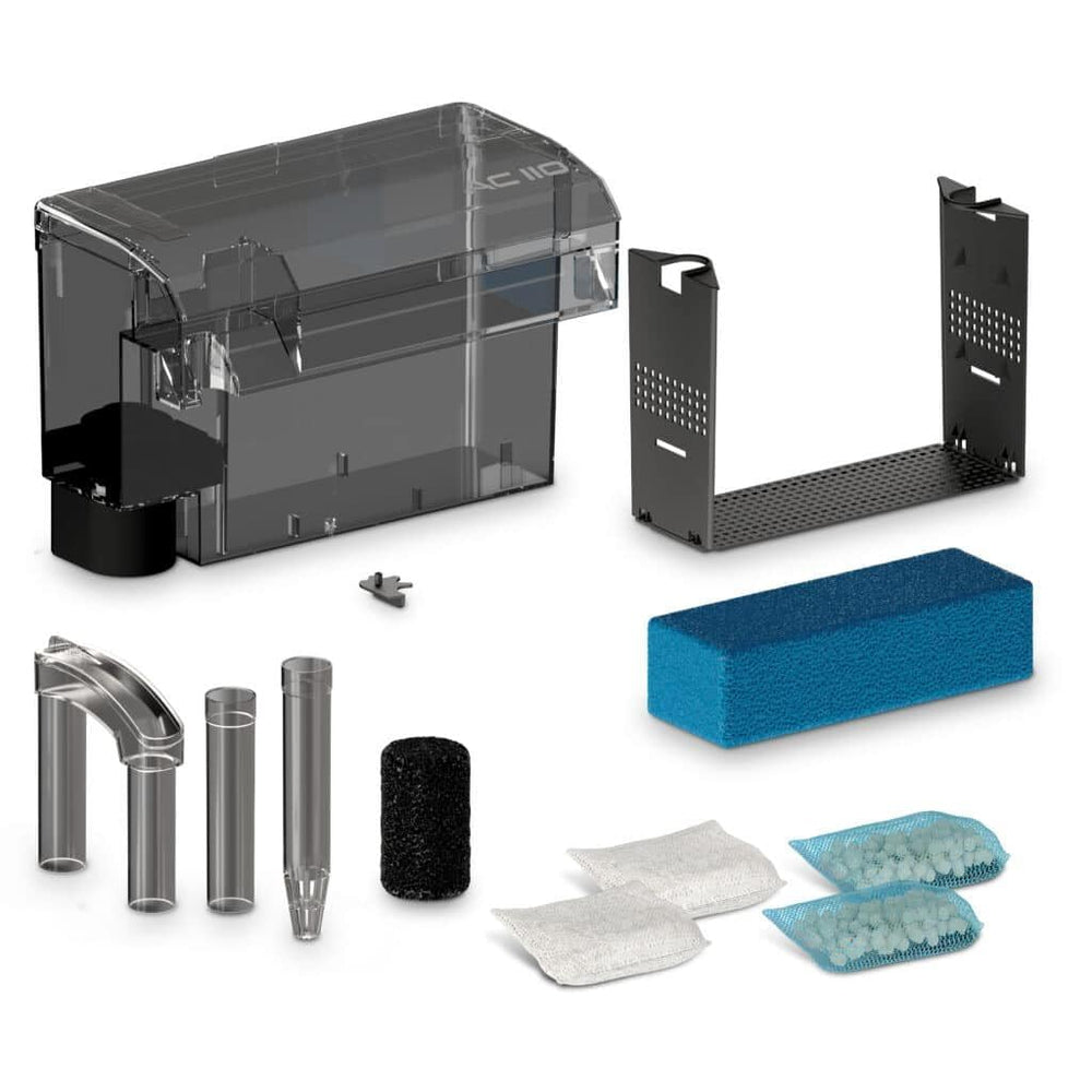 Fluval AC110 à côté d'un aquarium pour comparaison d'échelle, montre compatibilité volume 60–110 US Gal