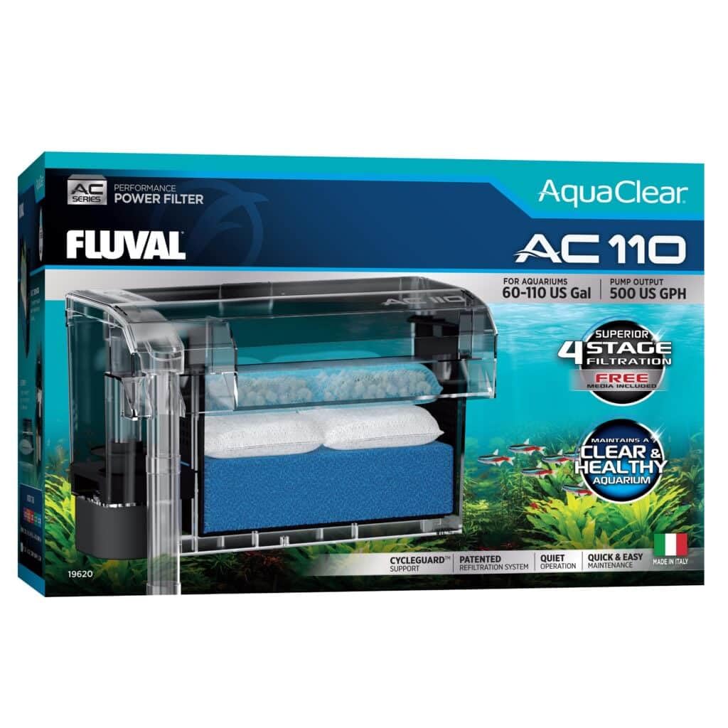 Fluval AC110 vue avant montrant boîtier compact et accès médias, facilite l'entretien