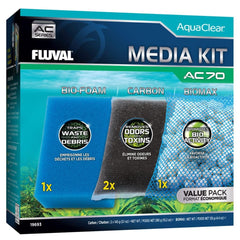 Fluval vue frontale du kit AC70 montrant les médias pour une installation rapide