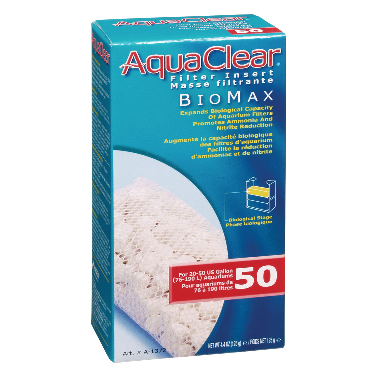 Fluval AquaClear BioMax face avant de l’emballage montrant compatibilité AquaClear 50