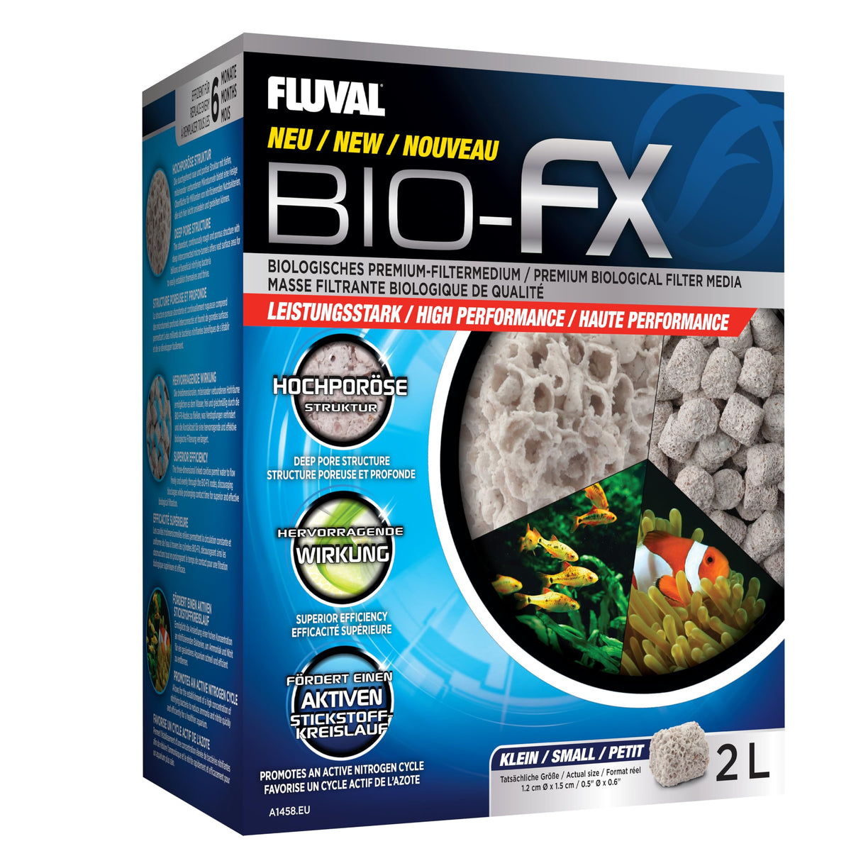 Fluval BIO-FX emballage 2 L montrant le produit prêt à l’emploi et sa compatibilité