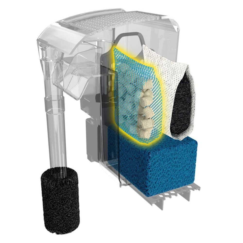 Fluval comparaison taille montrant les nœuds BIOMAX à l'échelle près d'une main
