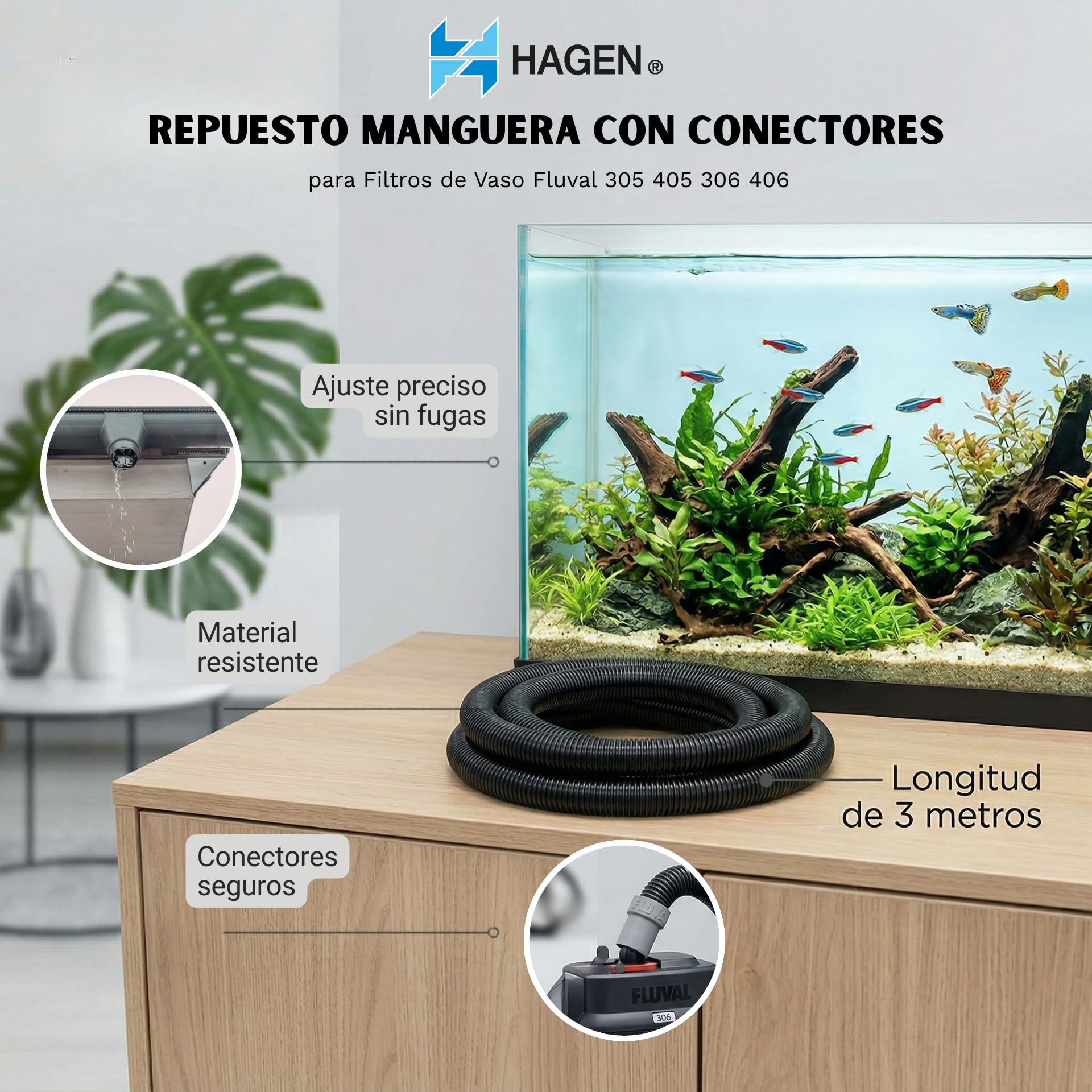 Fluval gros plan sur le rainurage de la durite pour meilleure résistance