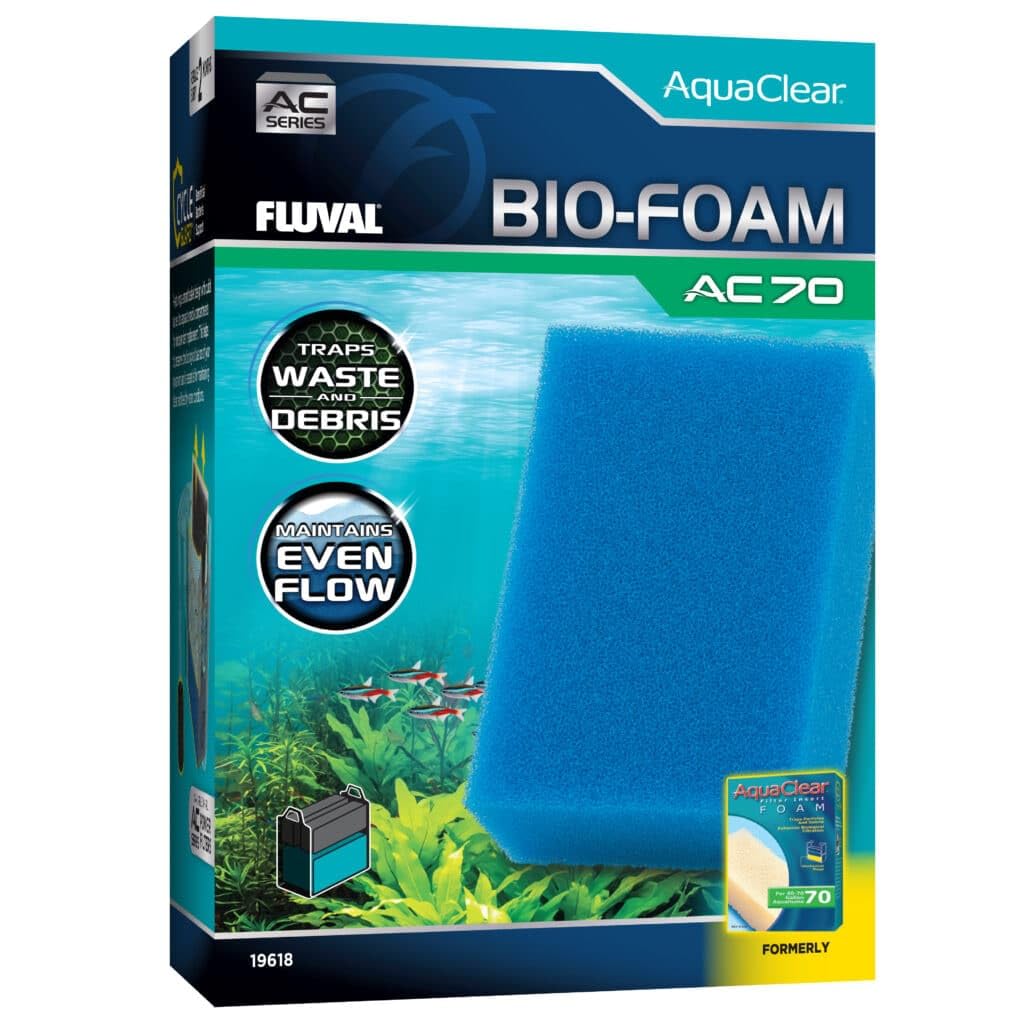 Étiquette Fluval détaillant compatibilité AC70/AC110 et poids 15,3 oz bénéfice information