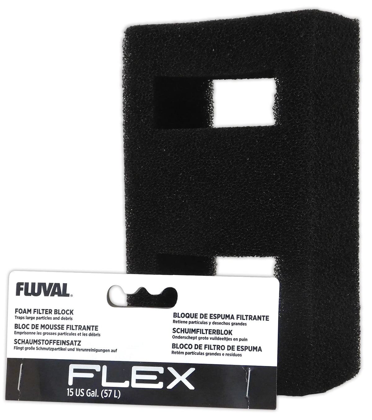 Fluval bloc mousse devant l'emballage montrant compatibilité et installation simple