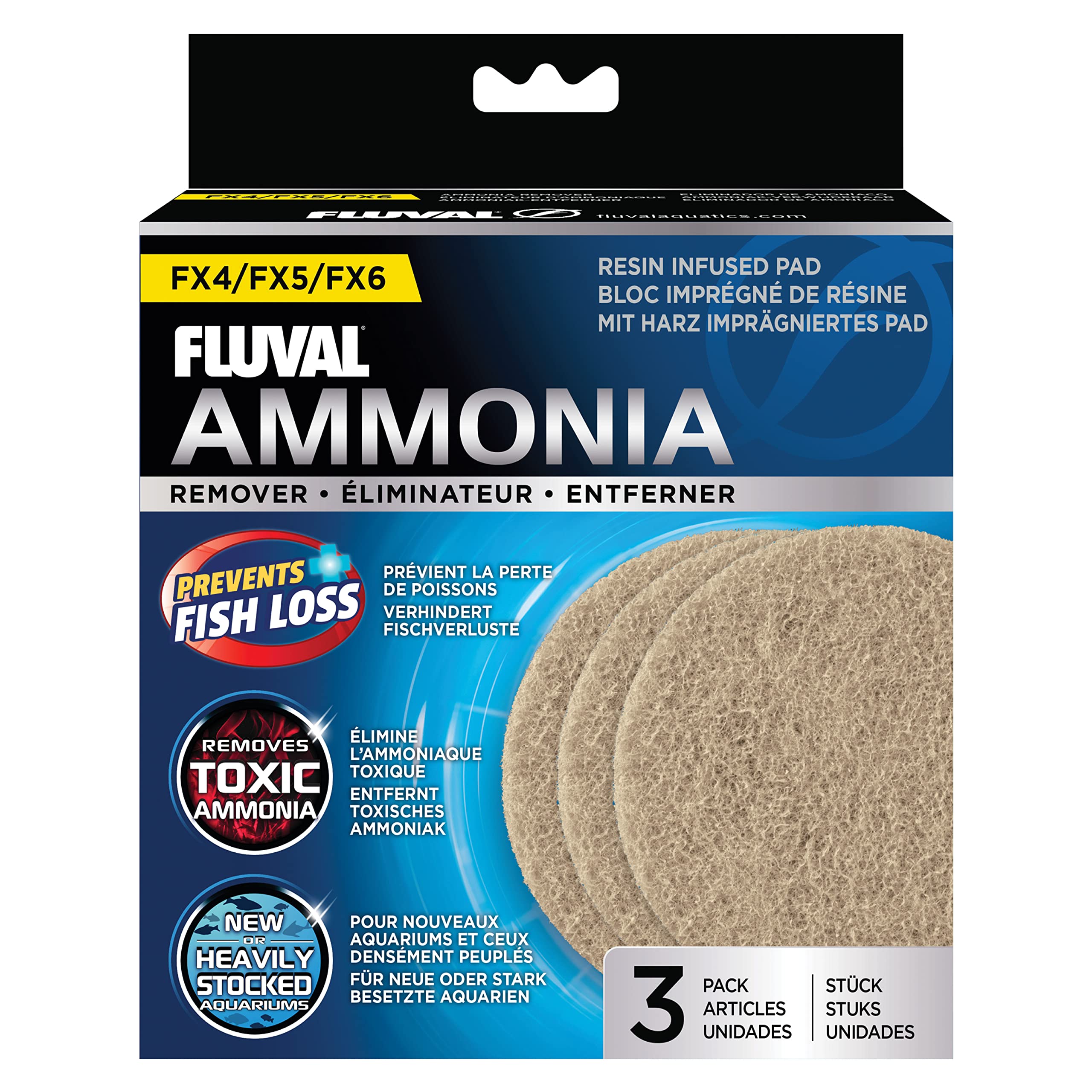 Fluval emballage avant montrant les tampons et compatibilité FX4 FX6, assurance d'ajustement