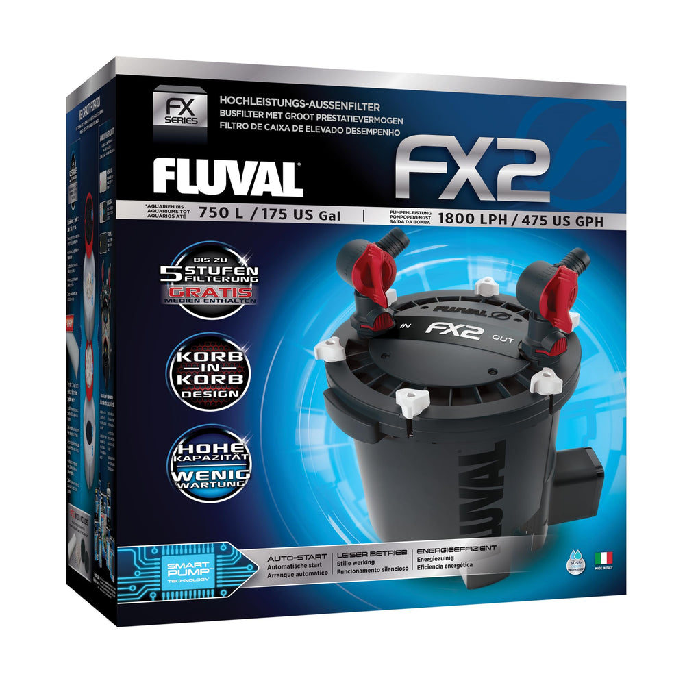 Filtre Fluval FX2 face avant montrant l'empreinte compacte et la finition durable