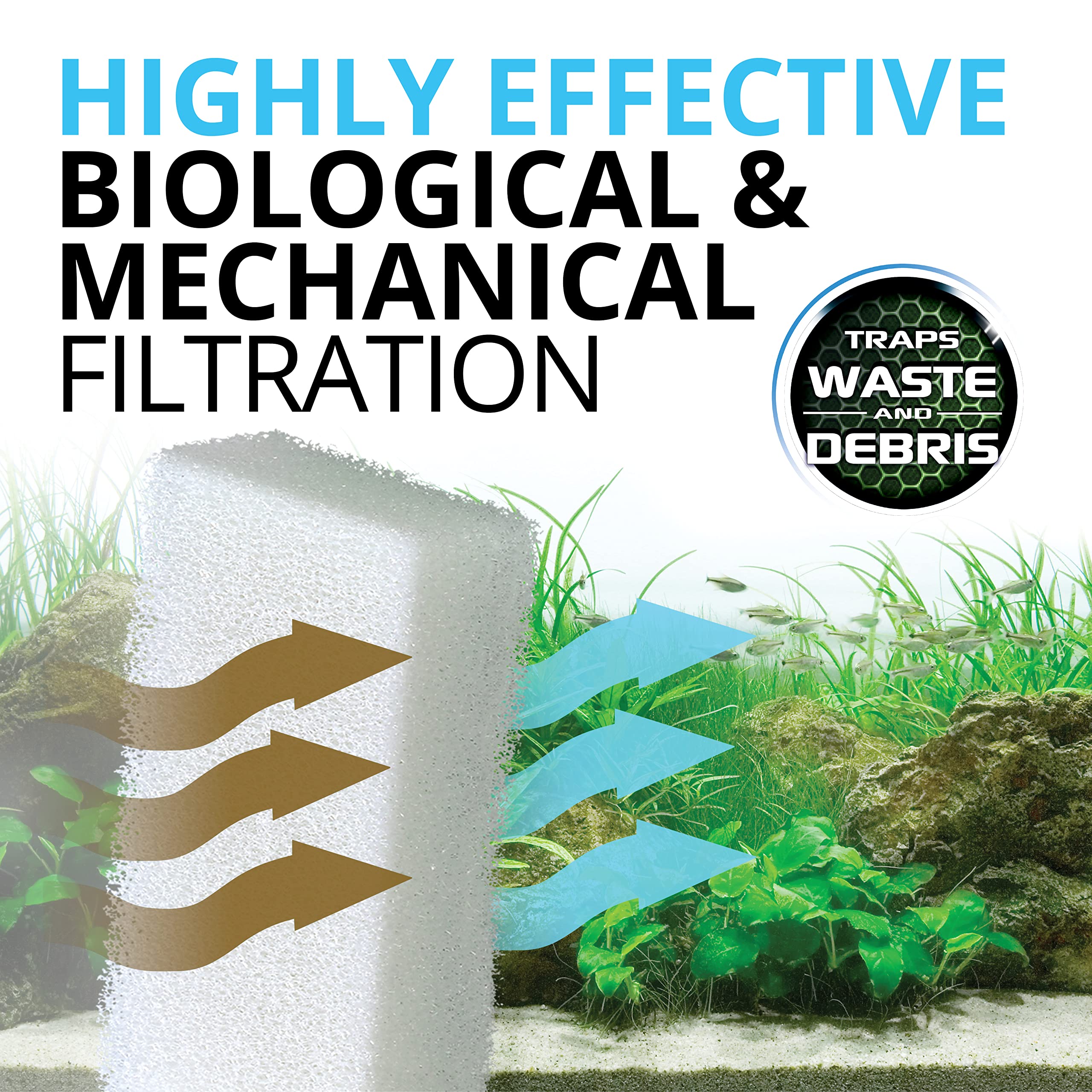 Avant et après nettoyage du bloc mousse Fluval montrant rétention des débris