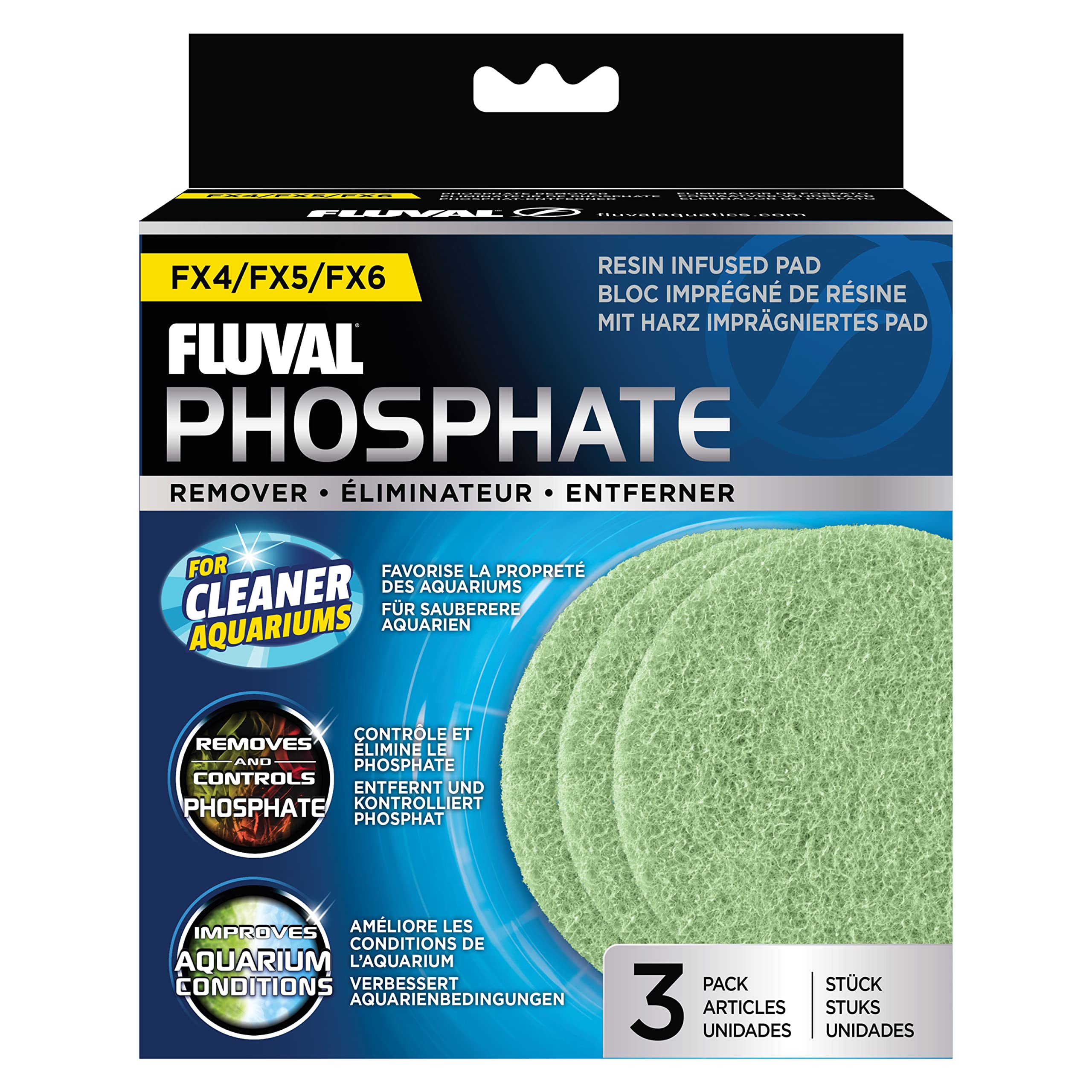 Fluval tampons emballage avant montrant compatibilité FX4 FX6 et bénéfice clarté