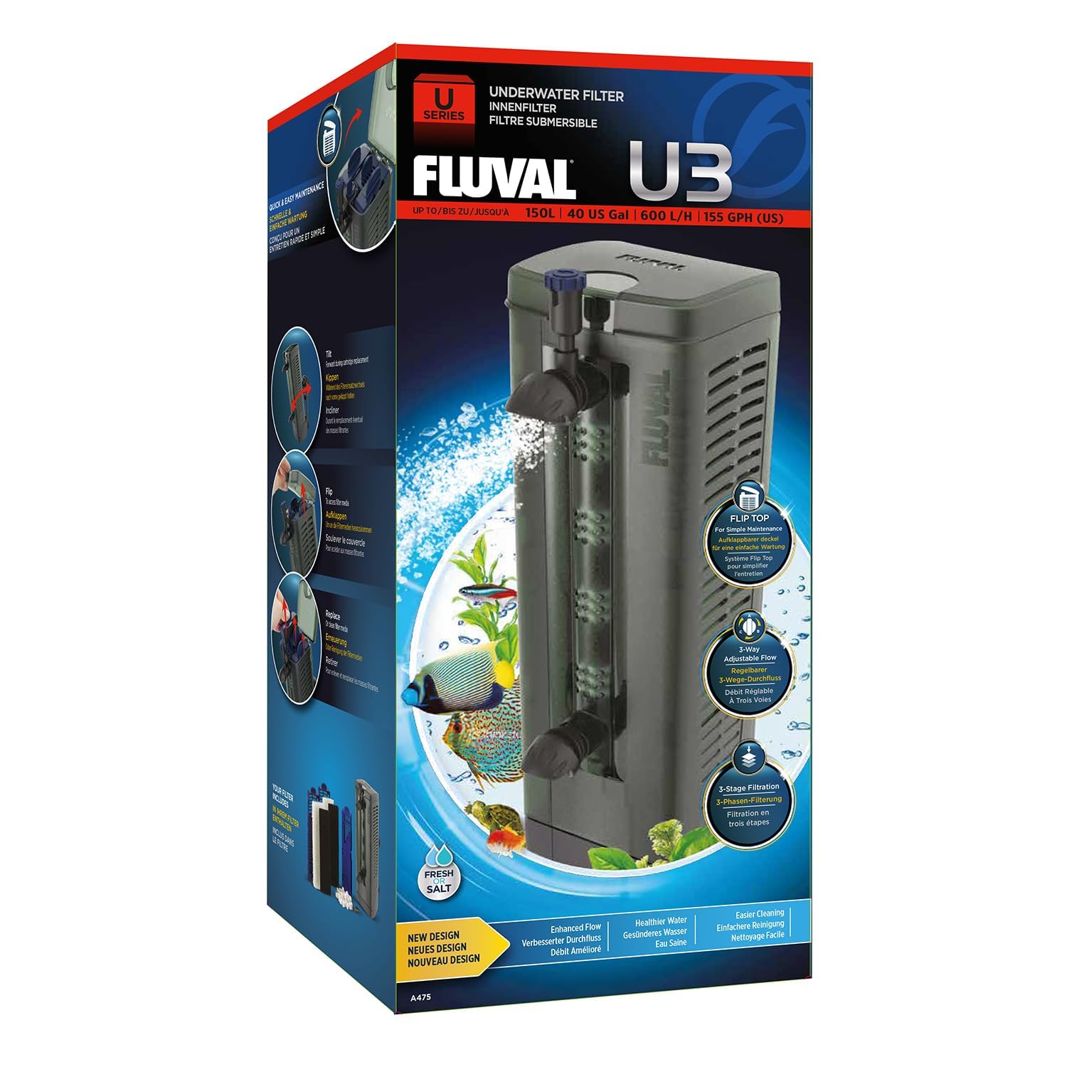 Fluval U3 face avant montrant design compact et panneau de contrôle facile