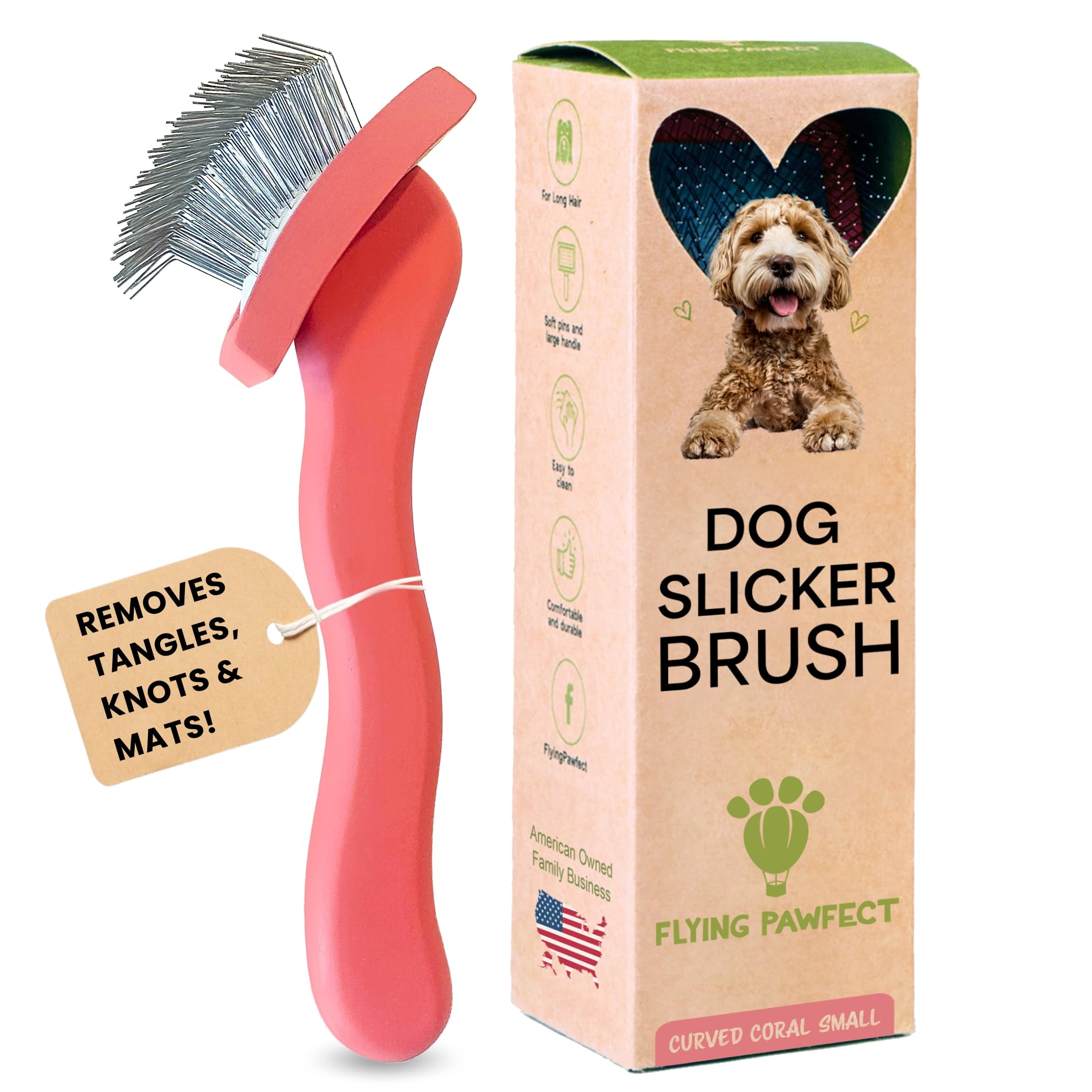 Flying Pawfect brosse face avant corail montrant tête de brosse et ergonomie, meilleur contrôle