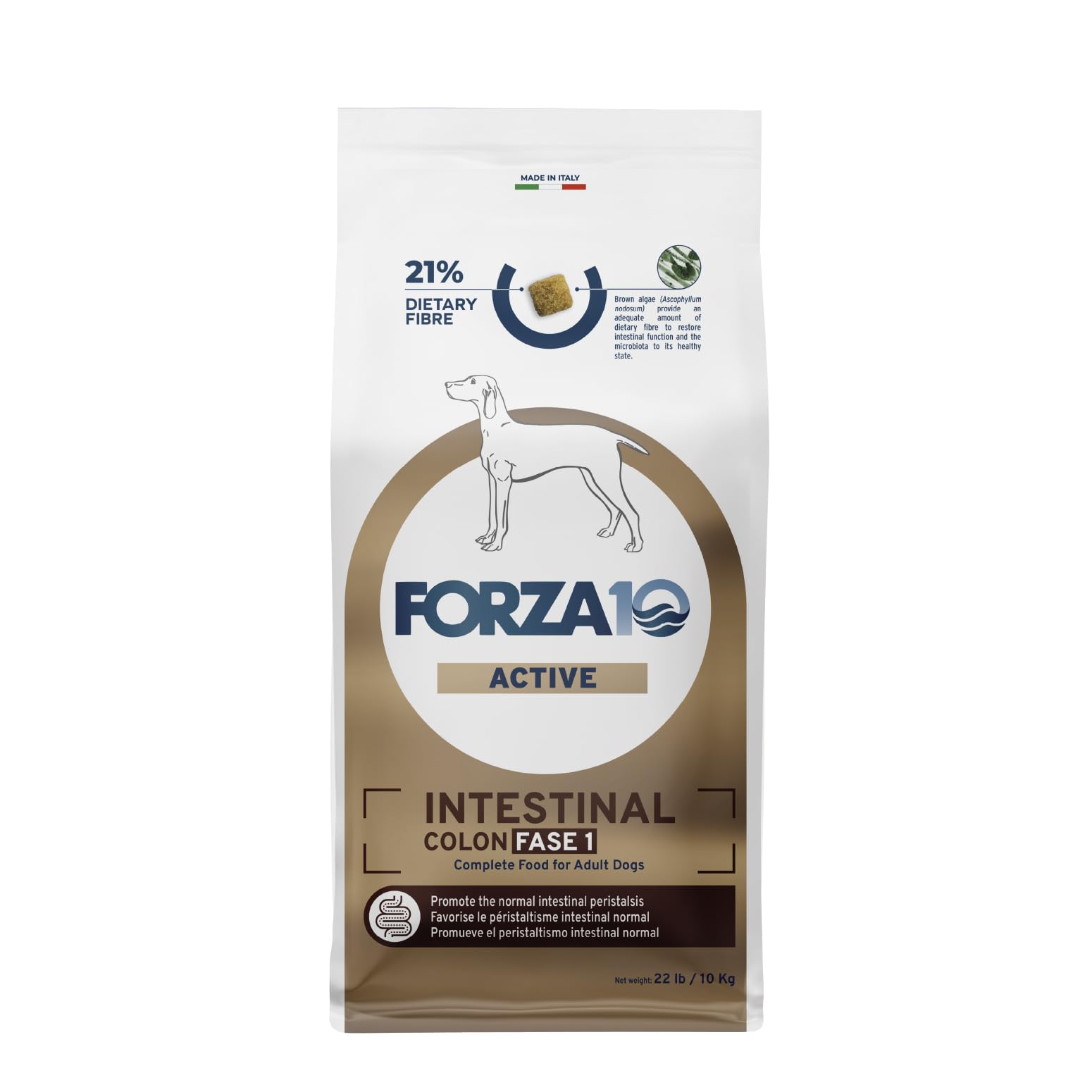 Forza10 paquet avant montrant étiquette et bénéfices digestifs