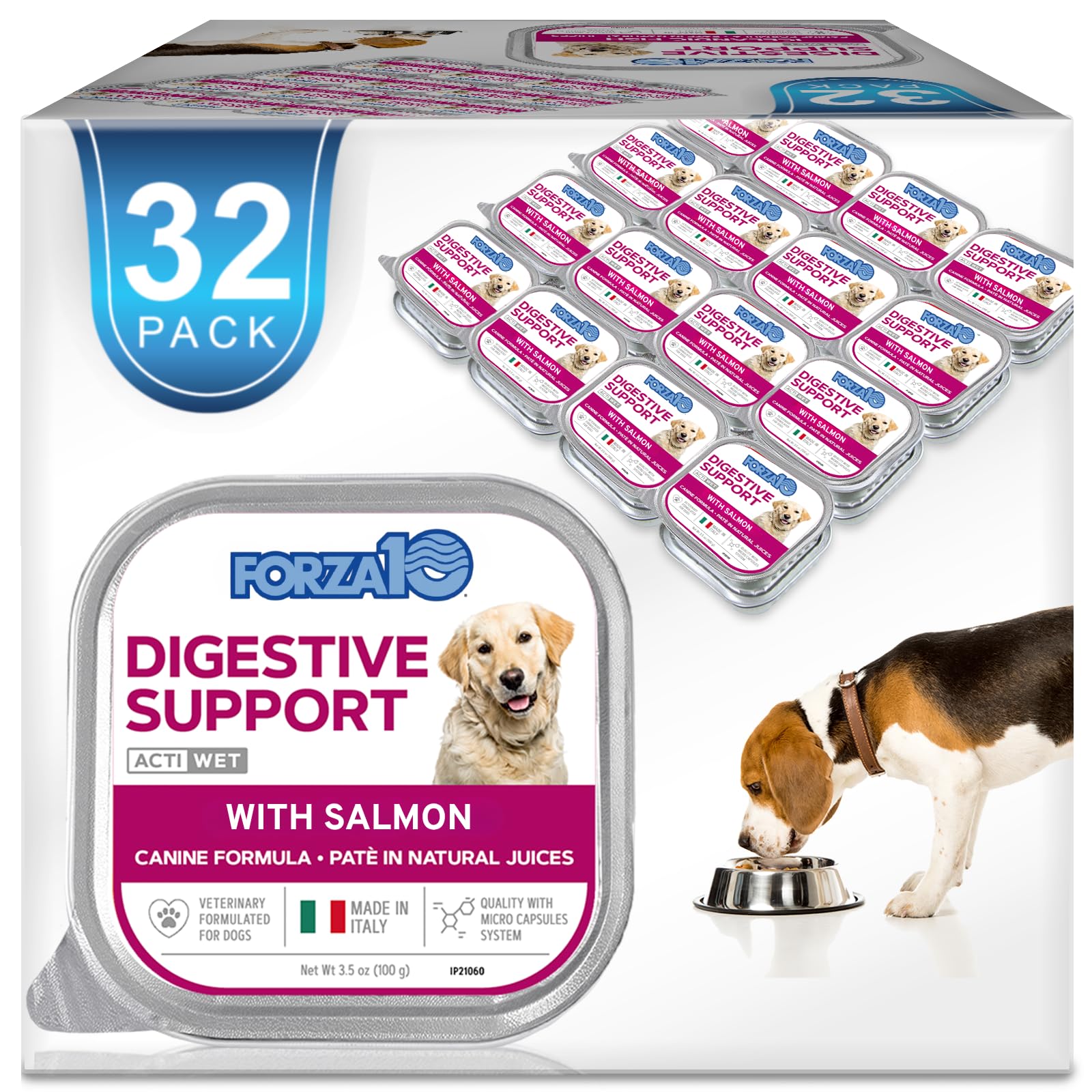 Forza10 packaging avant montrant le pack de 32 boîtes et ses bénéfices digestifs