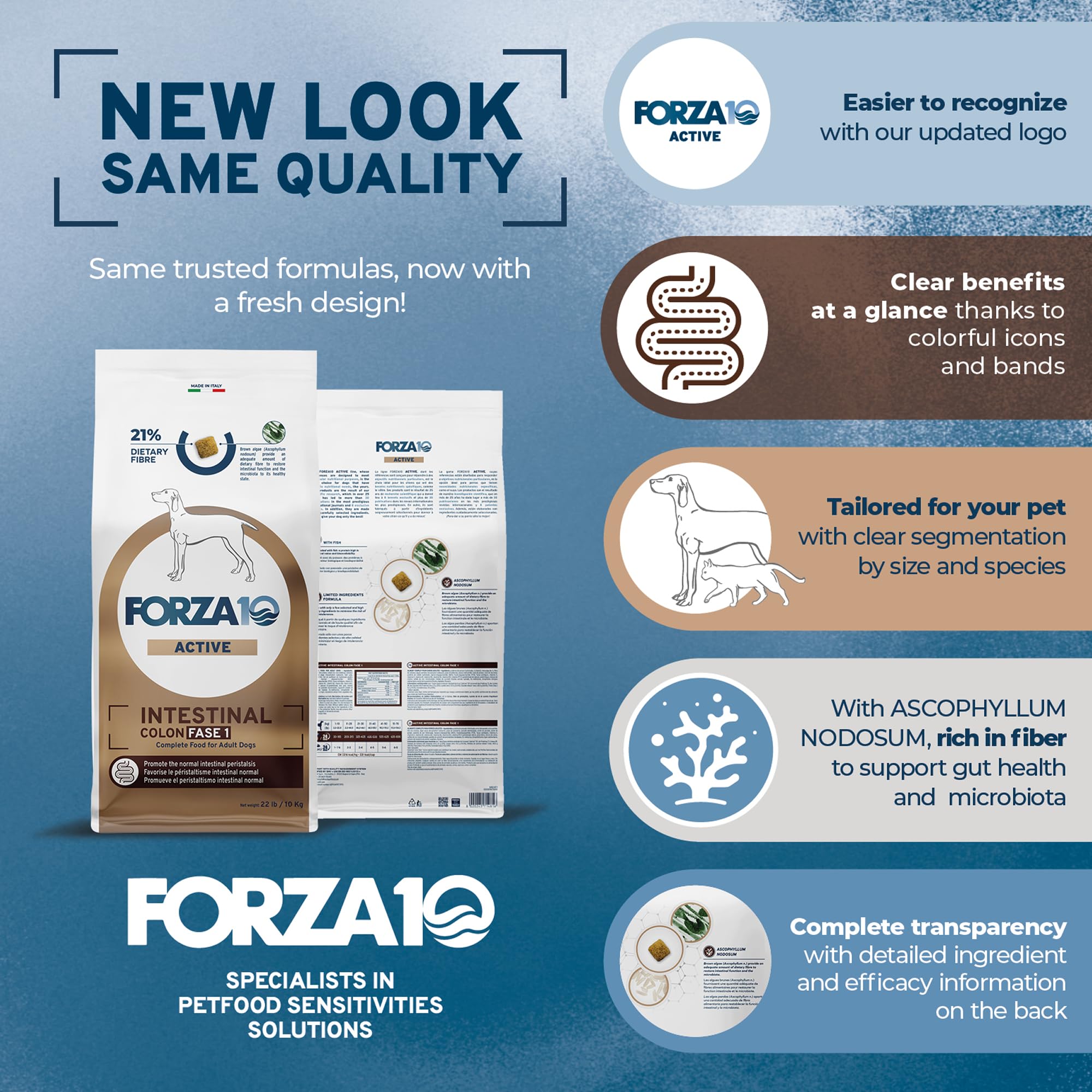 Forza10 zoom étiquette indiquant protéines hydrolysées et oméga