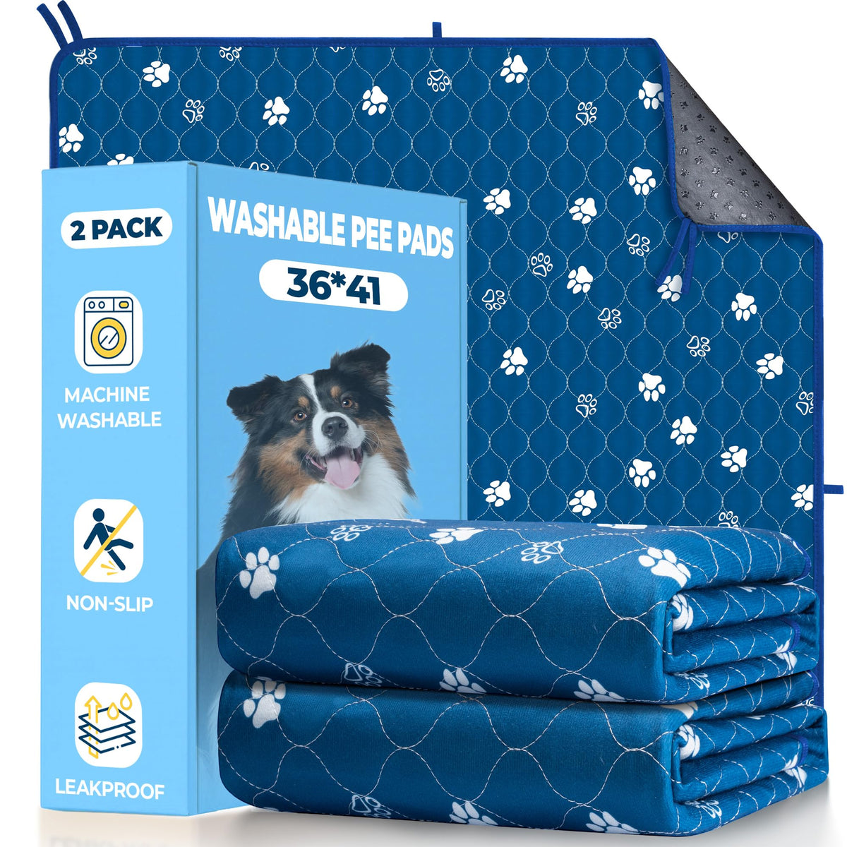 Fostanfly face avant du coussin bleu montrant l'impression et la taille, protection visible