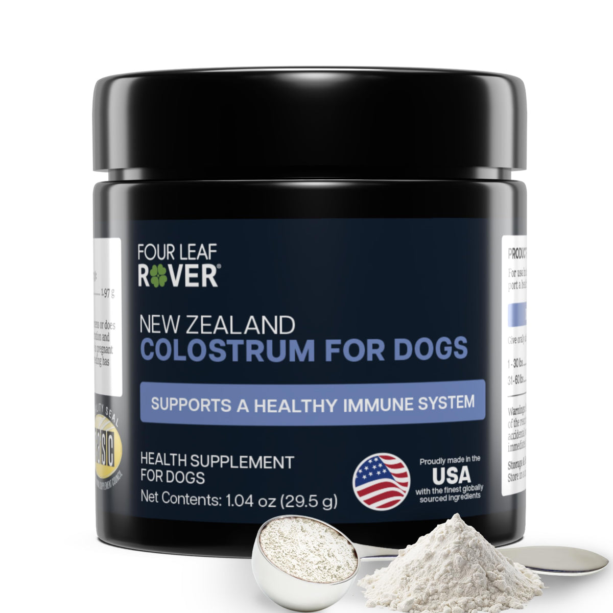 Four Leaf Rover emballage avant montrant colostrum et bénéfice traçabilité