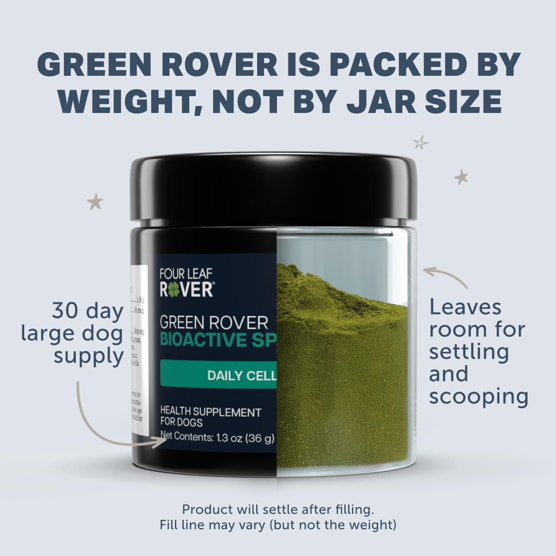 Four Leaf Rover cuillère doseuse à côté d'une patte pour comparaison de quantité