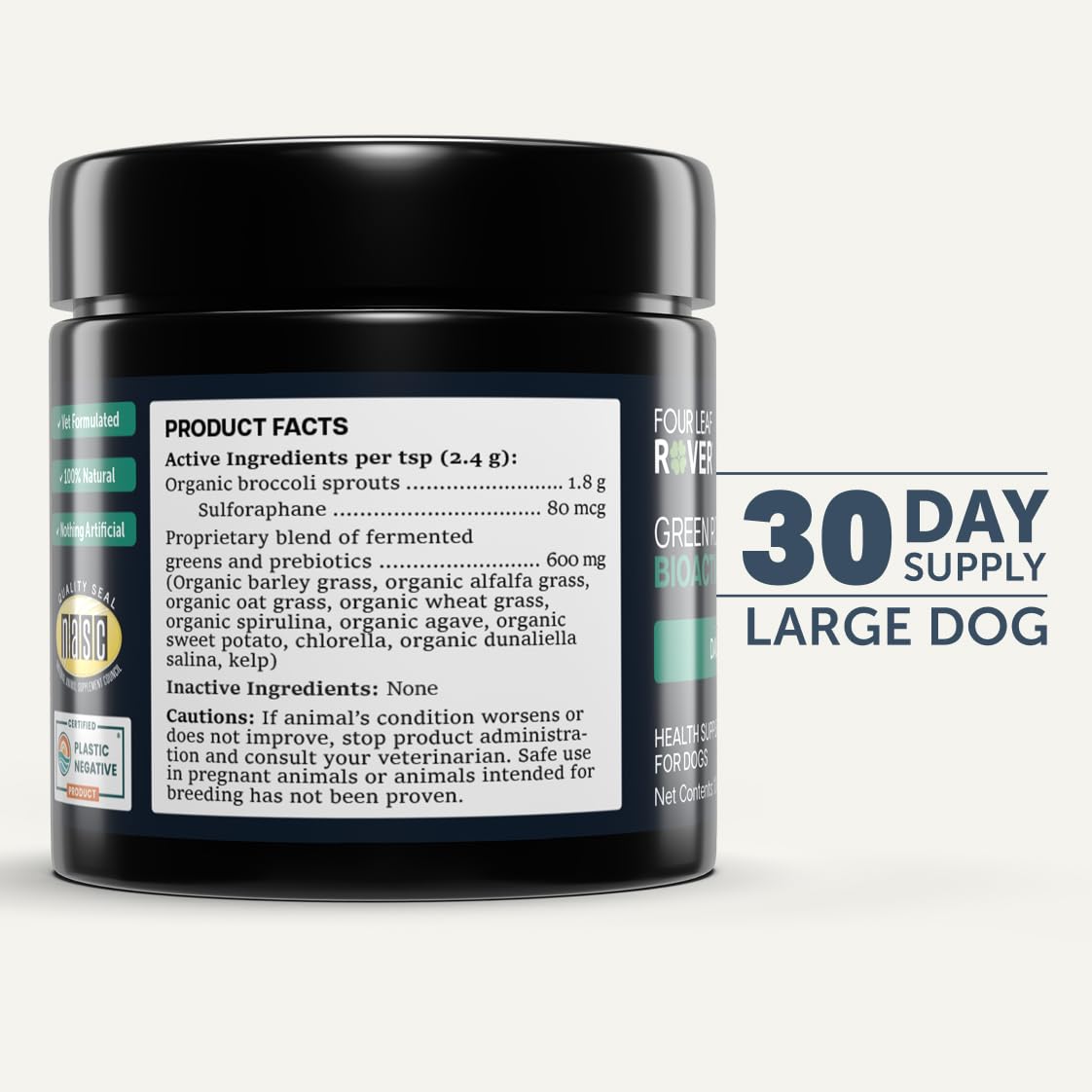 Four Leaf Rover gros plan sur spiruline et pousses de brocoli pour origine naturelle