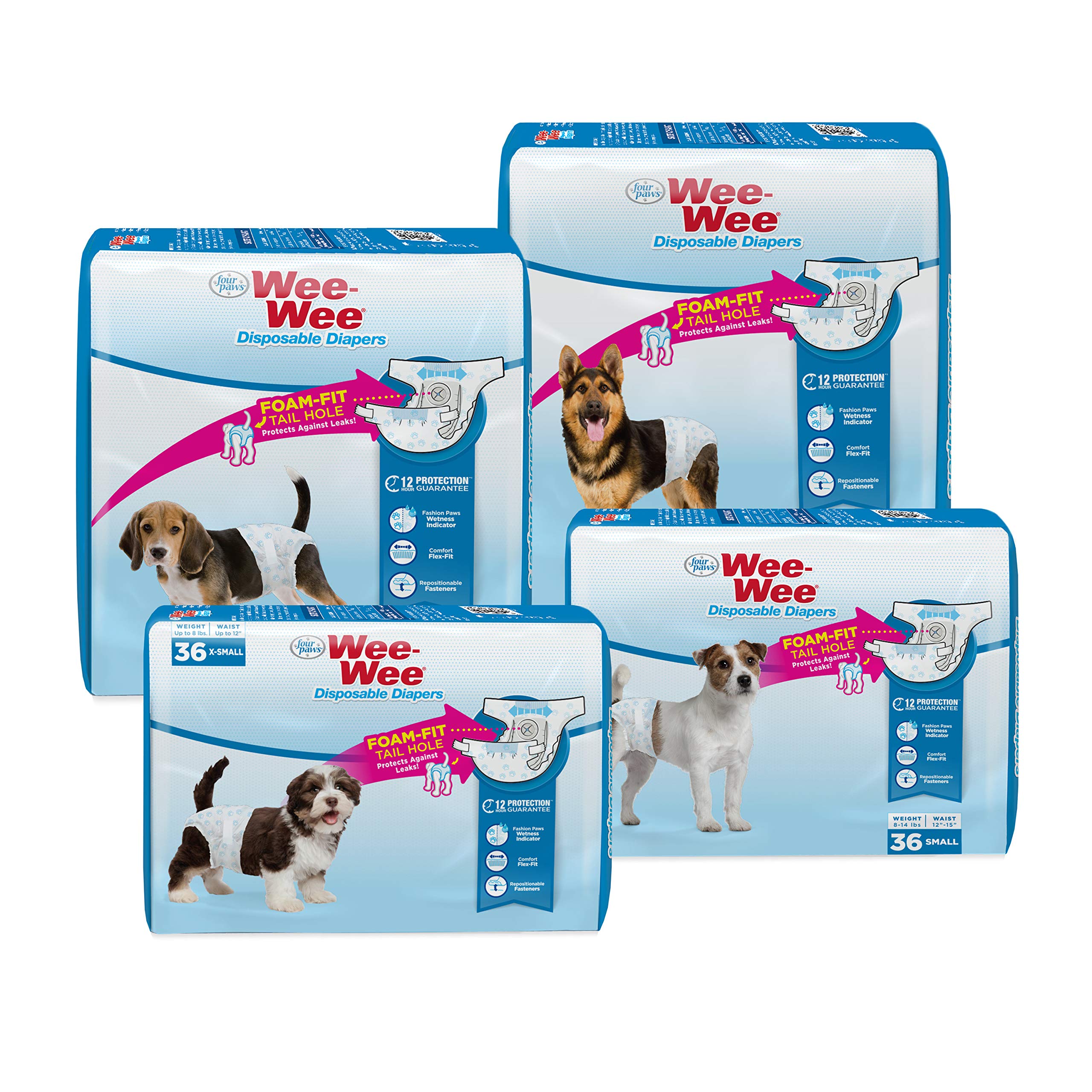 Four Paws pack ouvert montrant 36 couches empilées, prêt à l'emploi