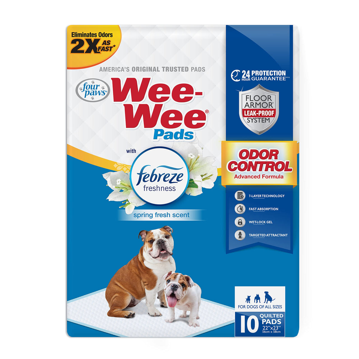 Four Paws emballage avant montrant pochettes et parfum Febreze, facilite le rangement