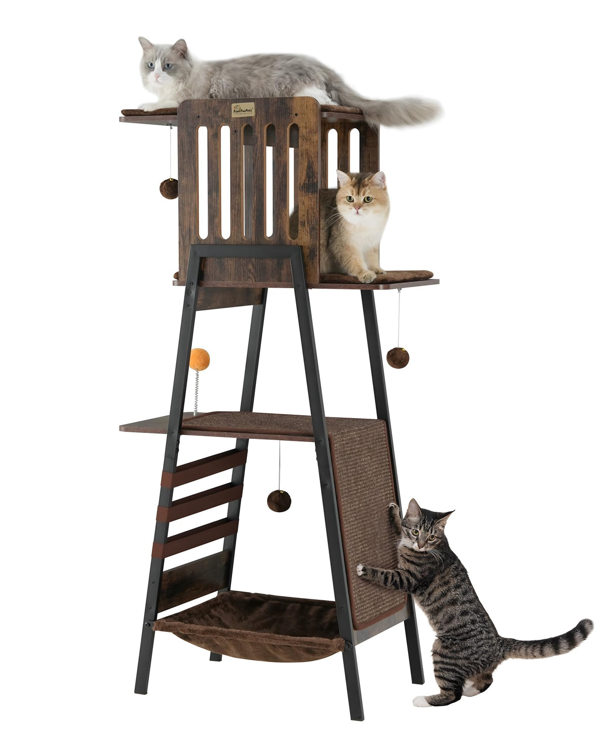 FourFurPets vue avant de l'arbre à chat, perchoirs spacieux pour confort