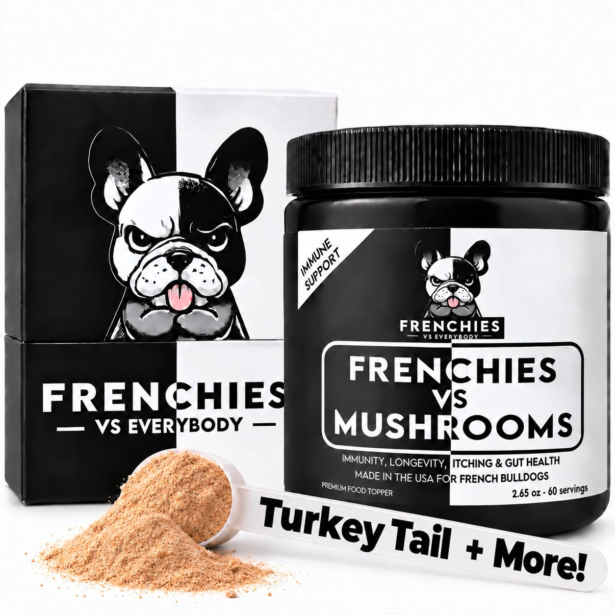 Frenchies vs Mushrooms emballage avant montrant la poudre et bénéfice peau saine