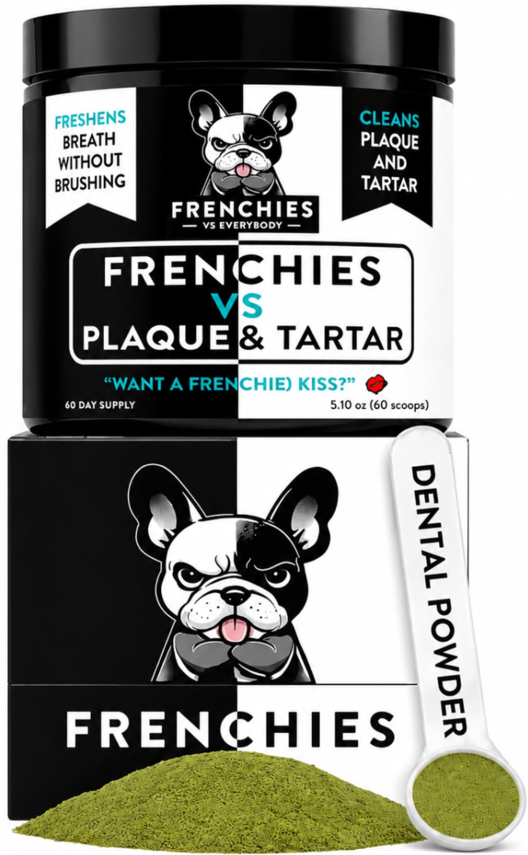 Frenchies vs Everybody emballage avant montrant la poudre et bénéfice hygiène buccale