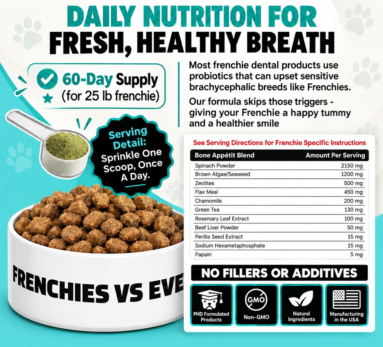 Poudre Frenchies vs saupoudrée sur croquettes montrant l'application quotidienne simple