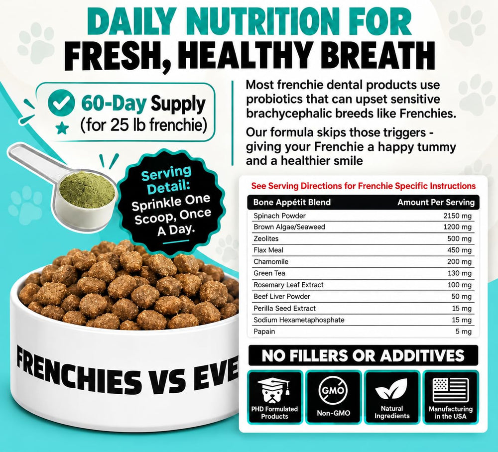 Poudre Frenchies vs saupoudrée sur croquettes montrant l'application quotidienne simple