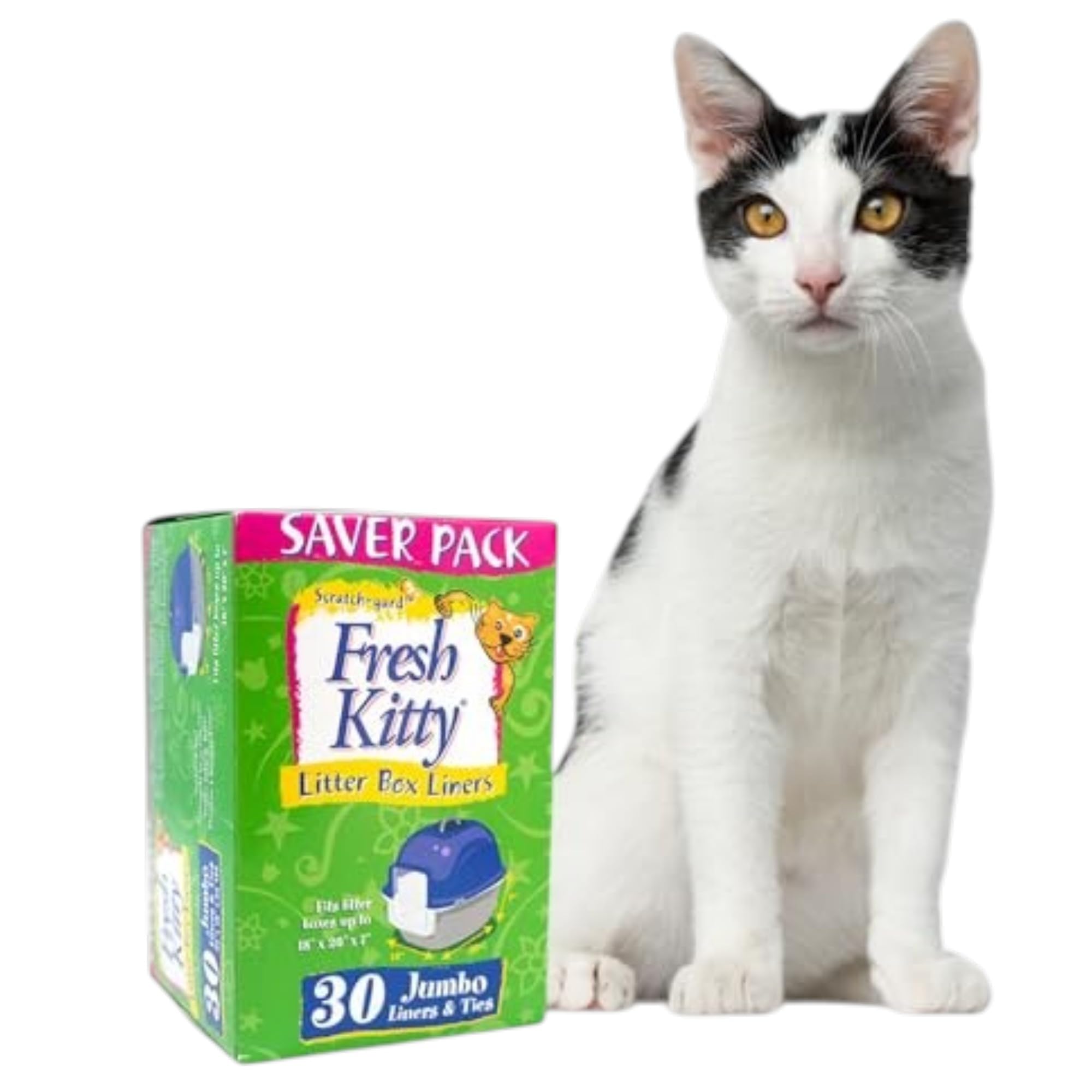 Fresh Kitty vue avant de l'emballage montrant le lot de 30 housses et bénéfice rangement facile
