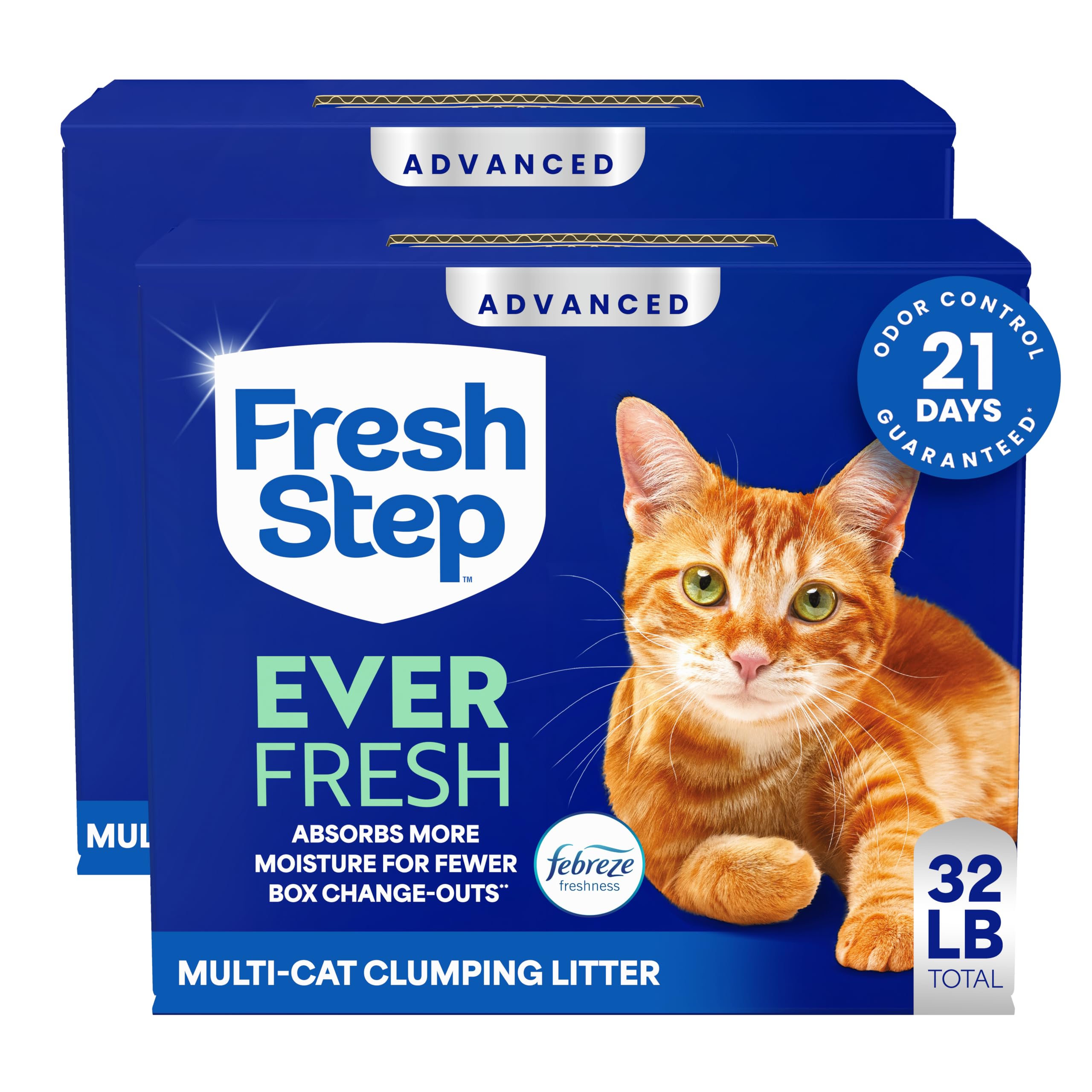 Fresh Step - emballage avant montrant le format 2 x 16 lb et bénéfice anti-odeurs