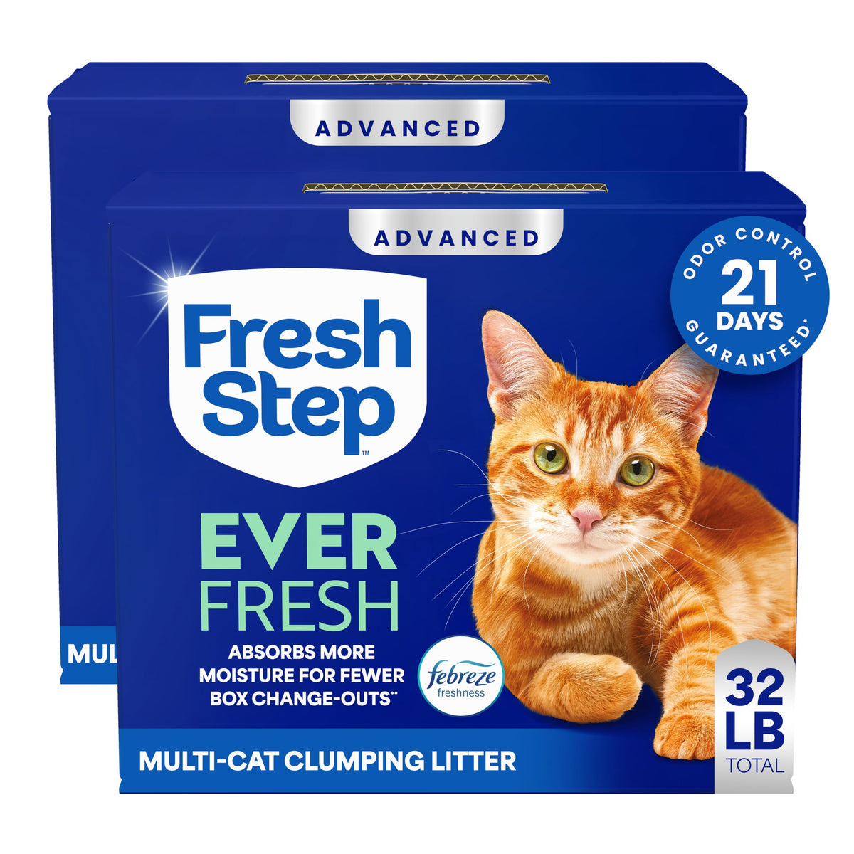 Fresh Step - emballage avant montrant le format 2 x 16 lb et bénéfice anti-odeurs