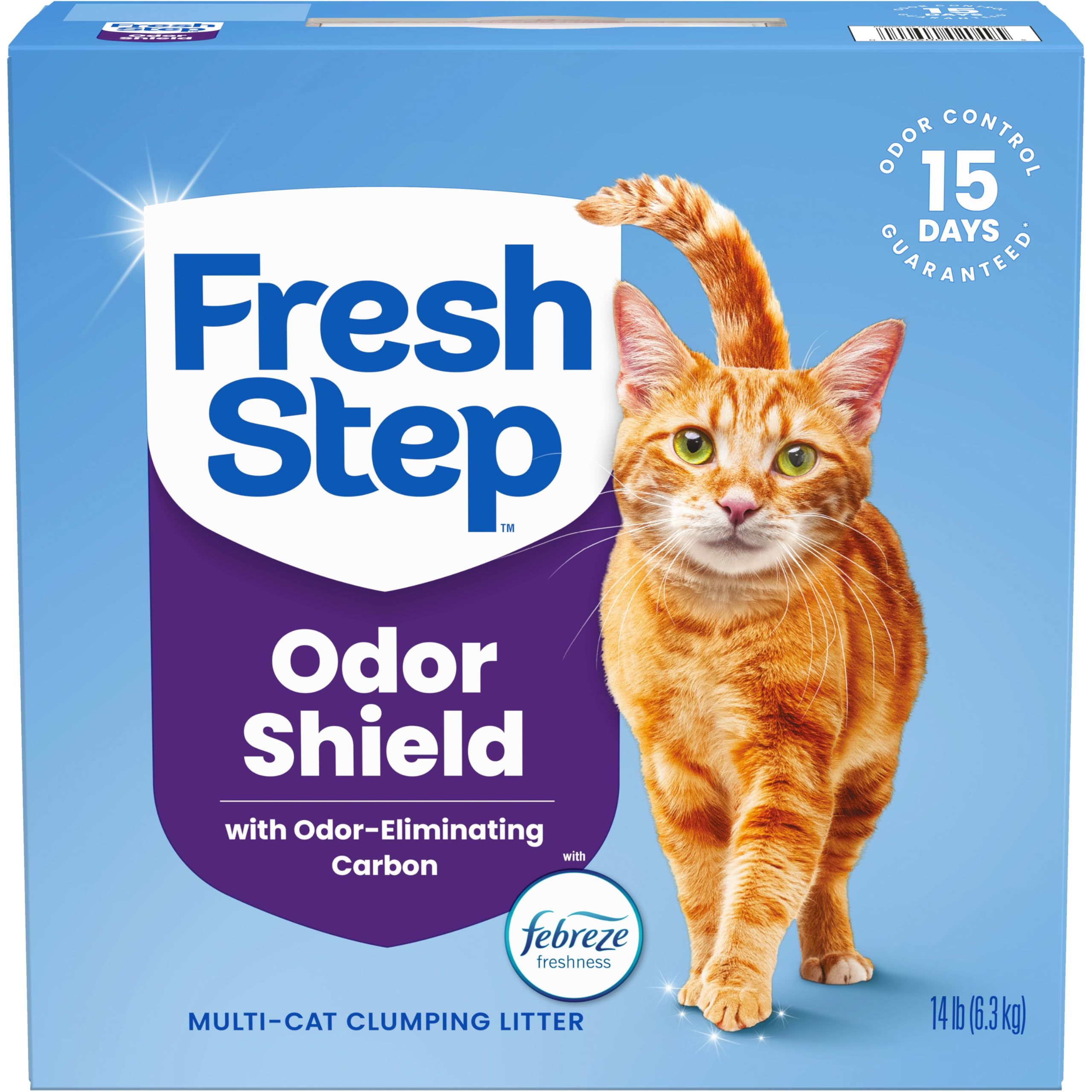 Fresh Step boîte avant montrant 14 lb et formule multi cat pour contrôle d’odeur