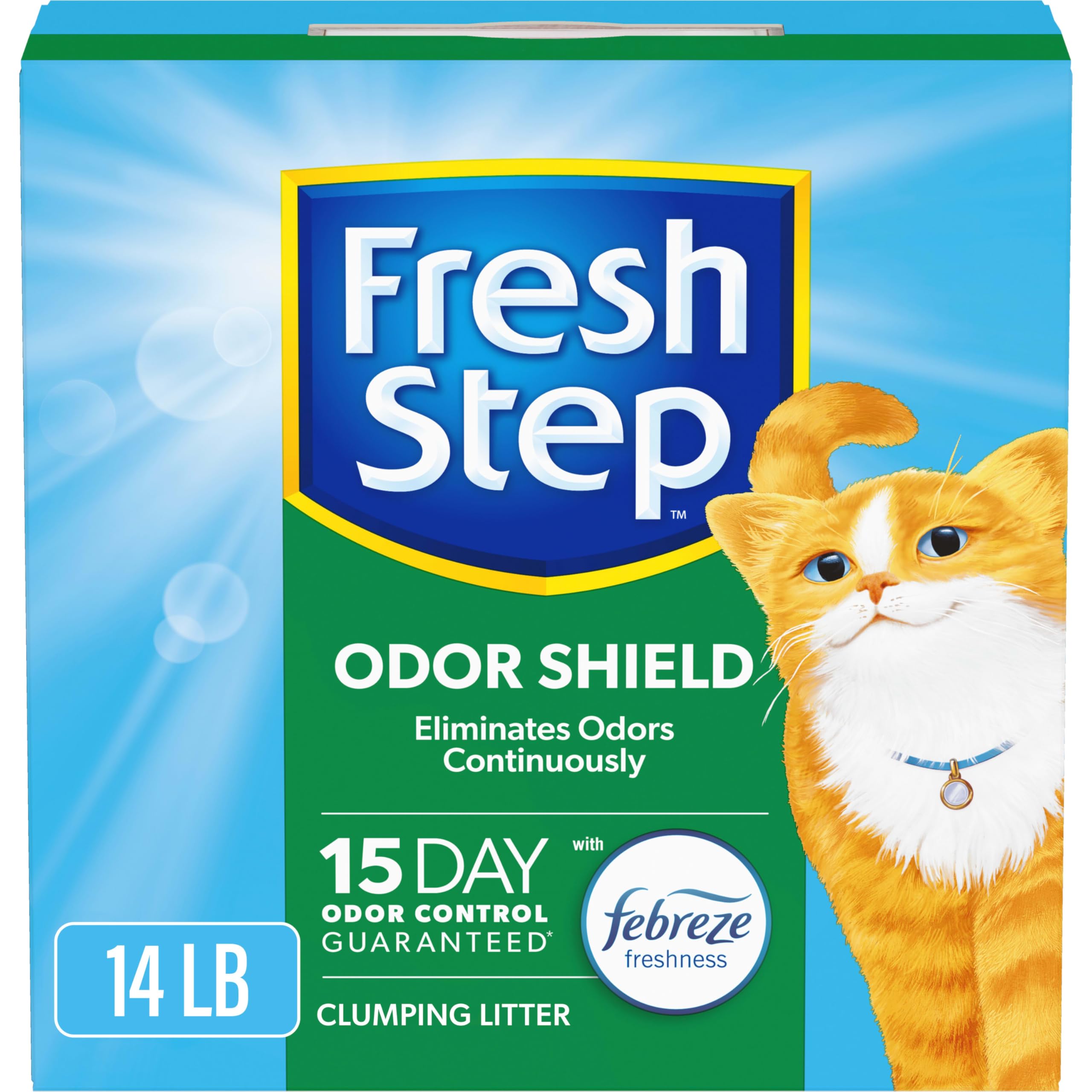 Fresh Step emballage avant montrant la boîte et contrôle des odeurs