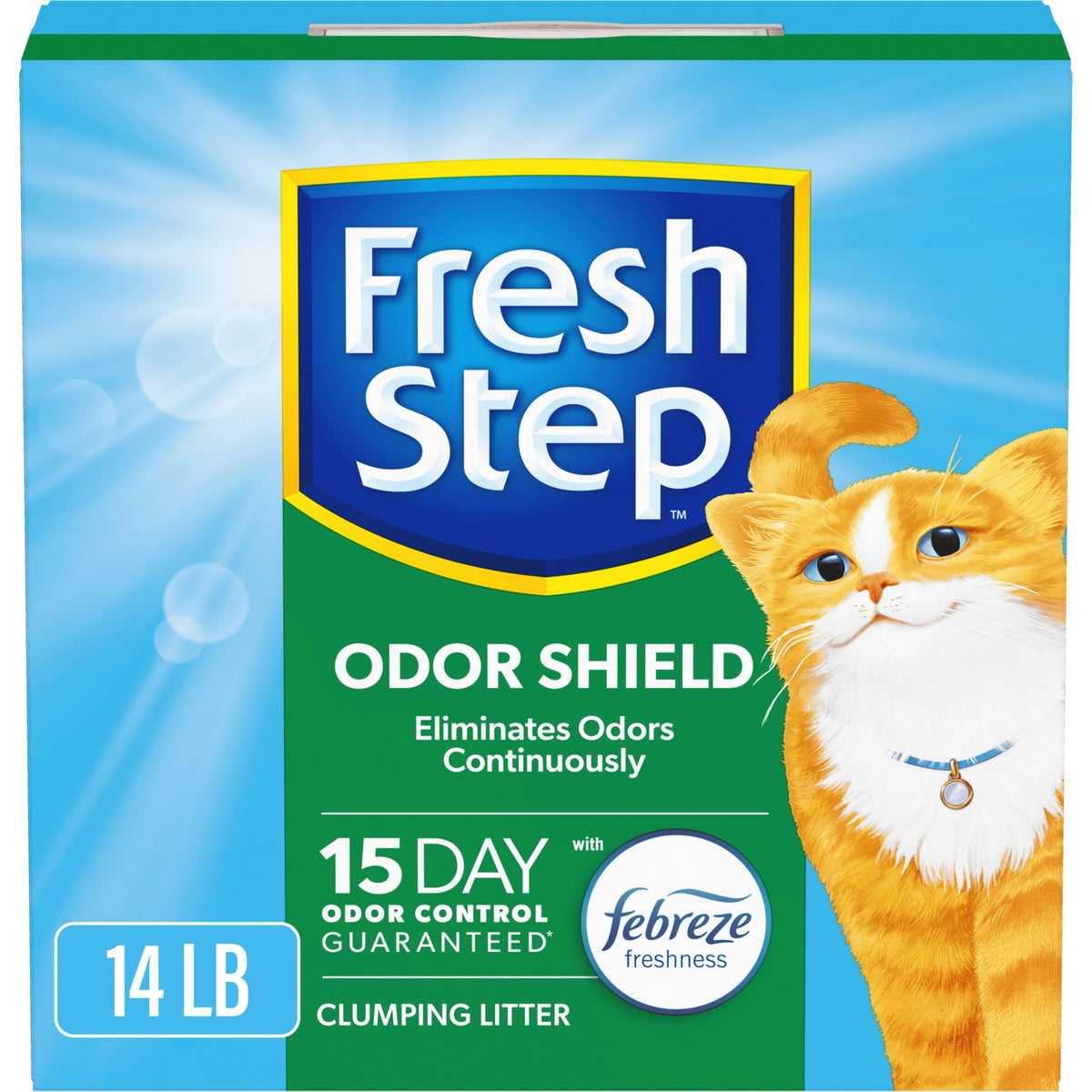 Fresh Step emballage avant montrant la boîte et contrôle des odeurs