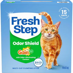 Fresh Step paquet avant 14 lb montrant emballage et parfum Gain bénéfice fraîcheur