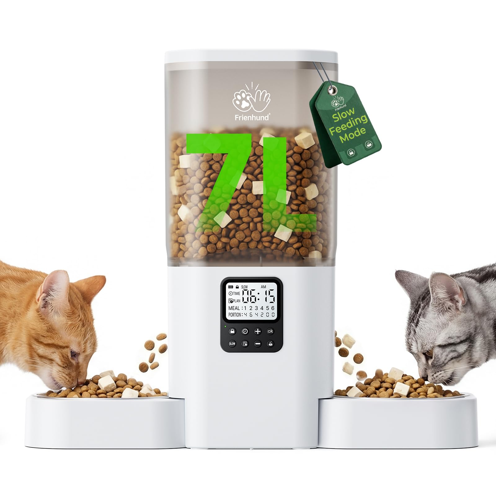 Frienhund façade du distributeur montrant double bol et design stable bénéfique