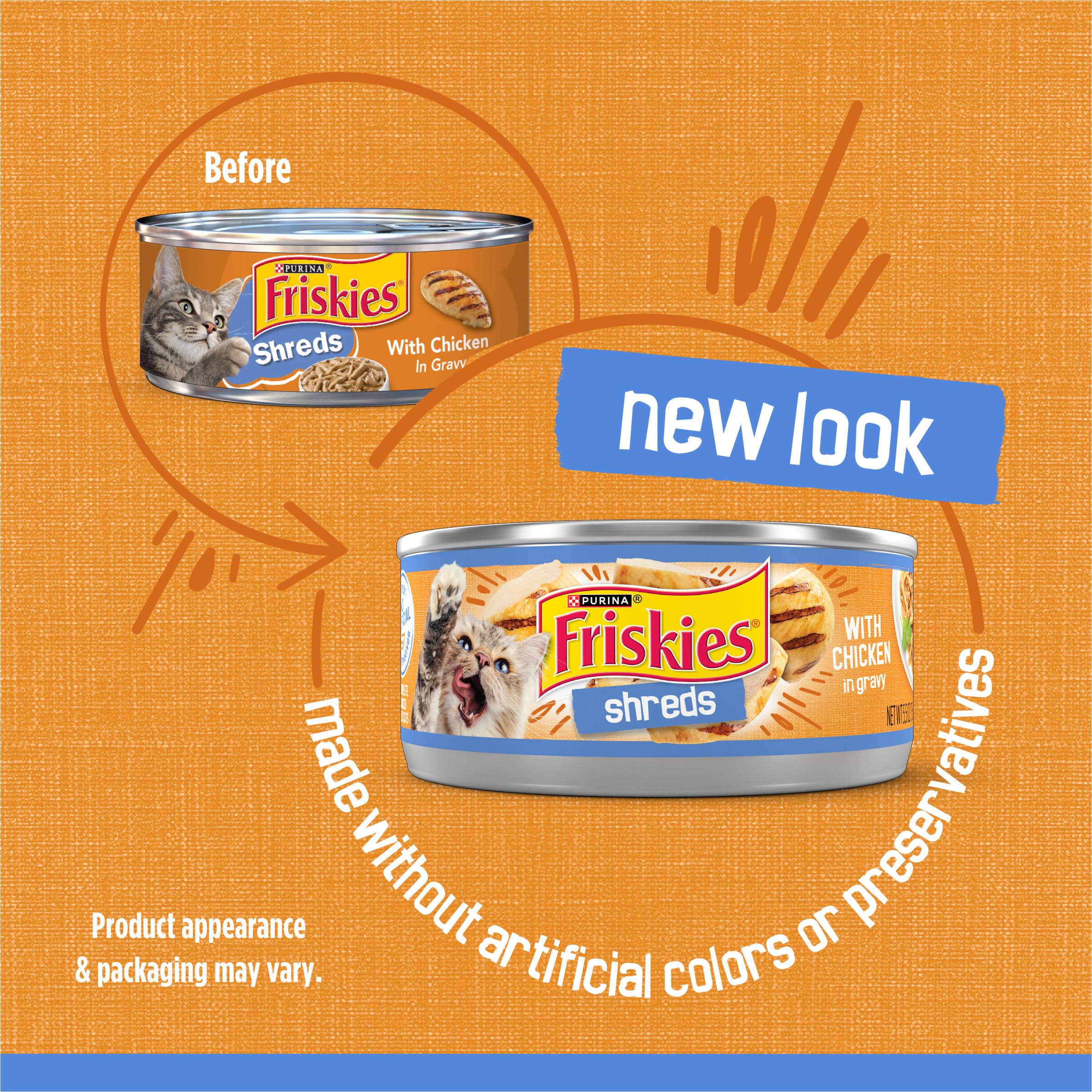 Friskies boîte côté et étiquette indiquant ingrédients et origine Purina