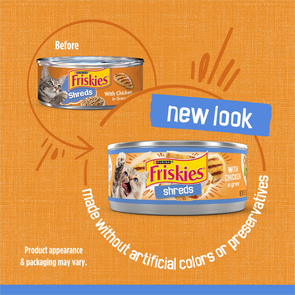 Friskies boîte côté et étiquette indiquant ingrédients et origine Purina