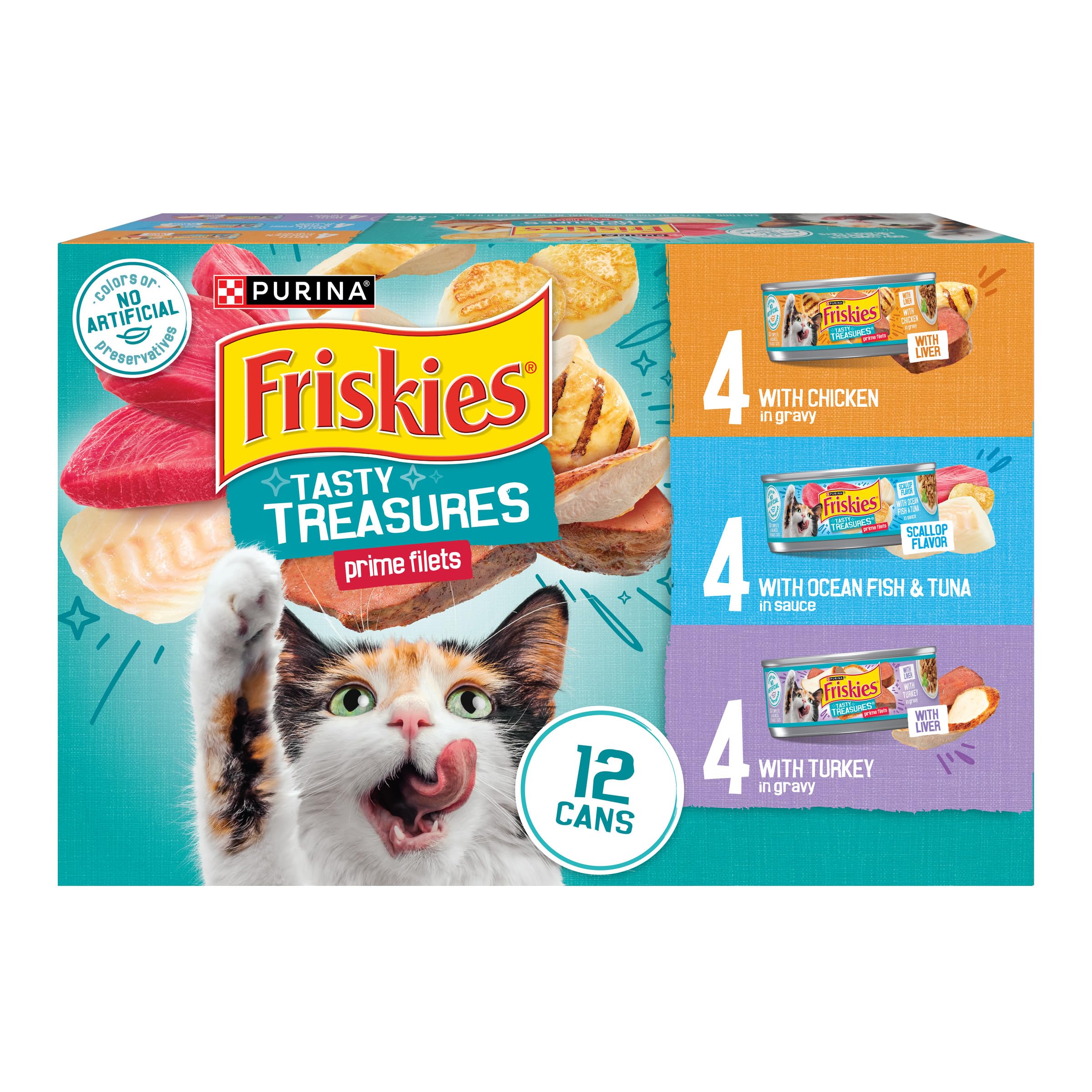 Friskies boîte face Prime Filets montrant l’emballage et l’appât visuel