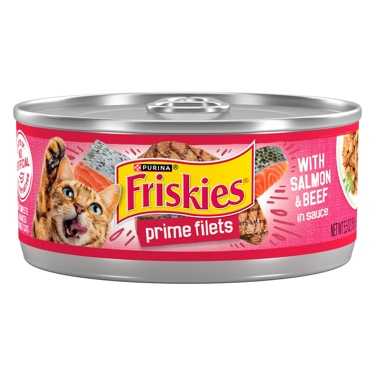 Friskies boîte face montrant l'étiquette et bénéfice saveur double
