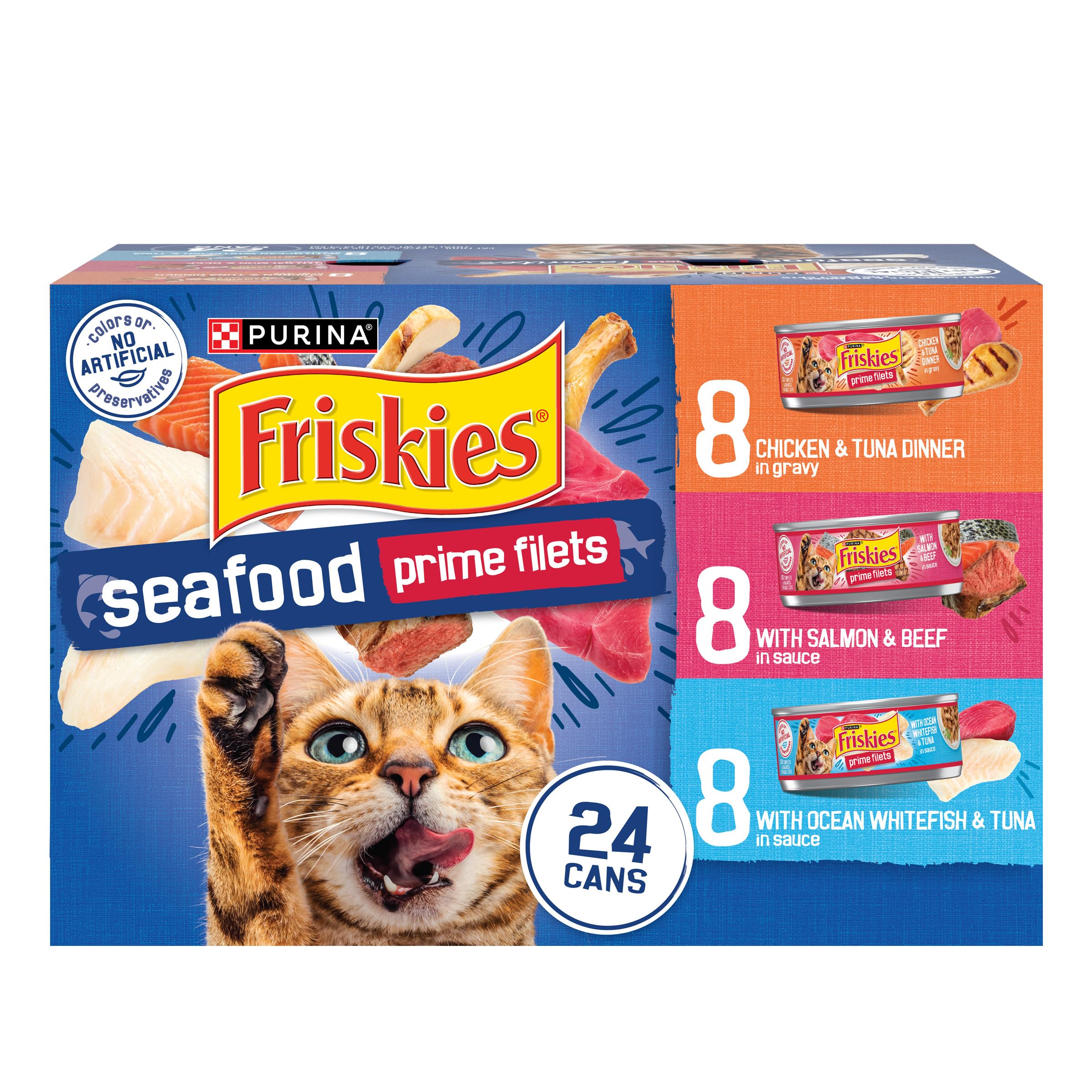 Friskies boîte face montrant le design et la variété appétissante