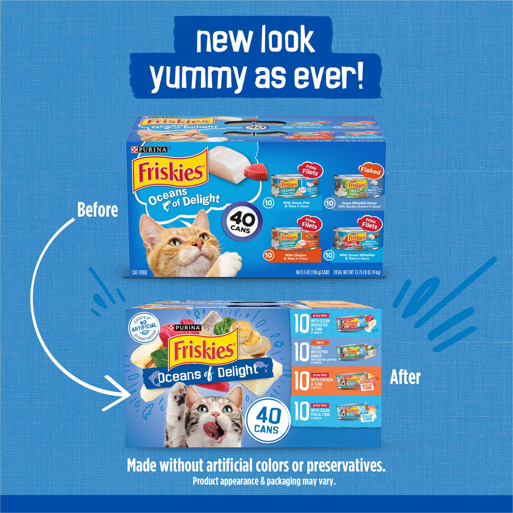 Friskies boîtes ouvertes montrant texture en morceaux et appétence accrue