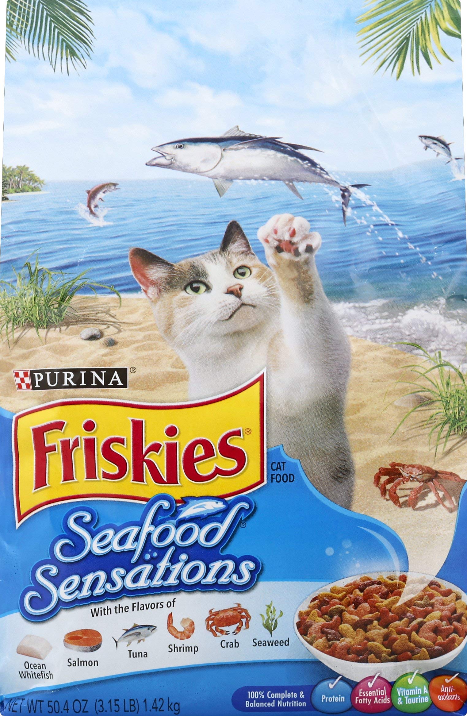 Friskies Dry emballage frontal montrant saveurs marines et bénéfices nutritionnels